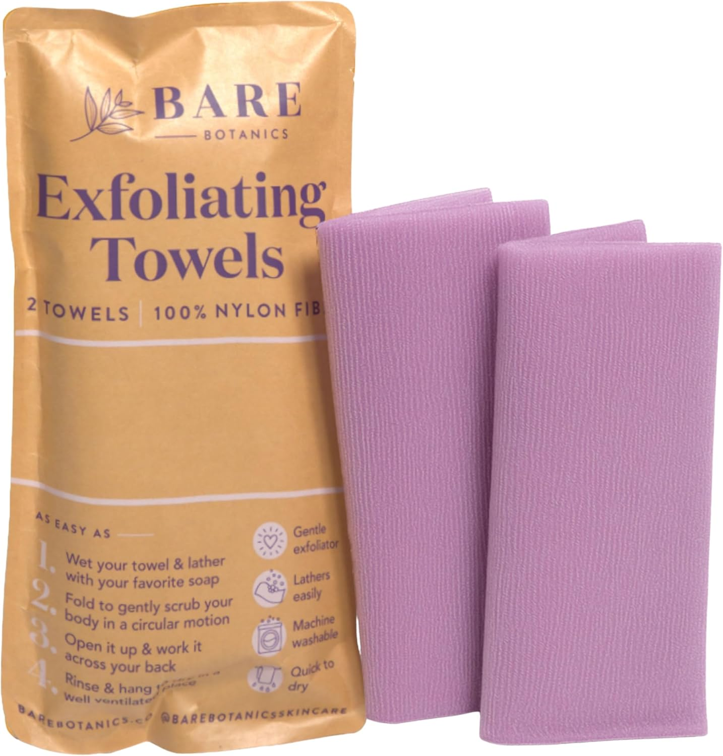 Bare Botanics Exfoliating Towels 2 Pcs (Lavender) &ndash; 100% Nylon Fiber &ndash; Textured Bath Towels &ndash; Shower Scrubber for Smooth Skin &ndash; Suitable for Wet or Dry Use
