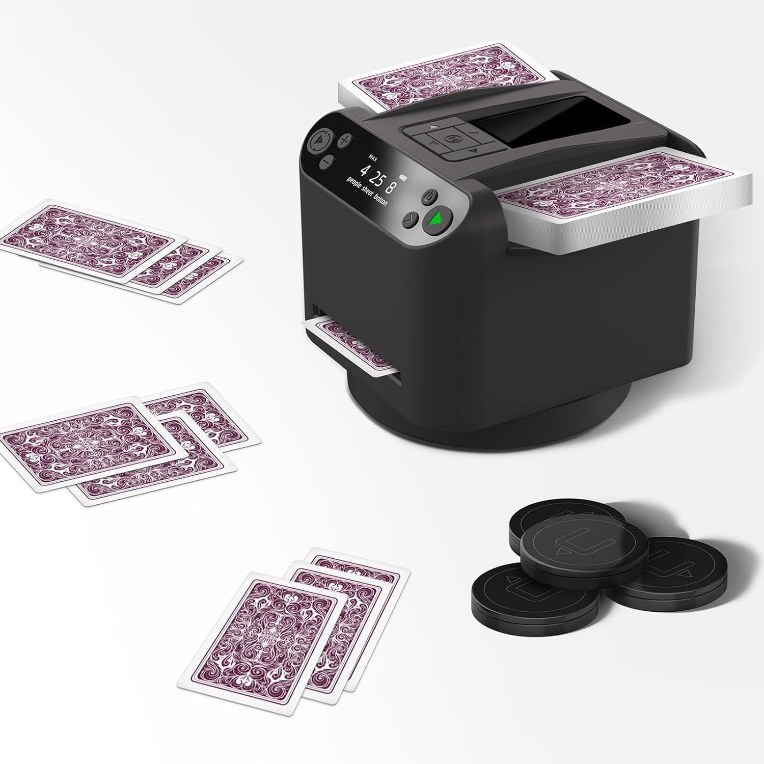 Automatic Card Shuffler & Dealer Machine 360&deg; Rotating Card Dealer with 4 Wireless Dealer Buttons, Rechargeable Card Dealing & Shuffing Machine for UNO, Blackjack, Texas Hold'Em Black