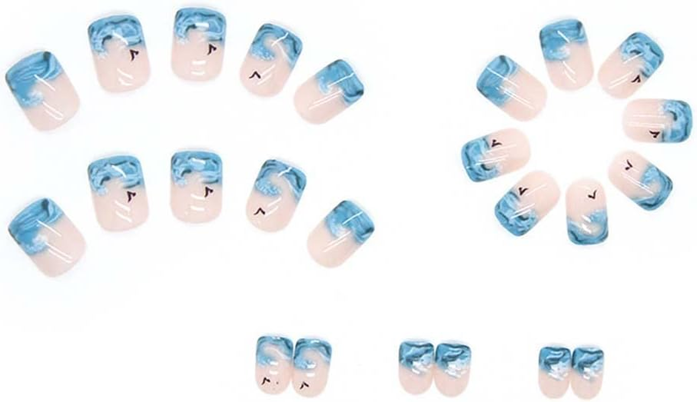 Rikview French Tip Press on Nails Short Square Stick on Nails 24 Pcs Blue Waves Design