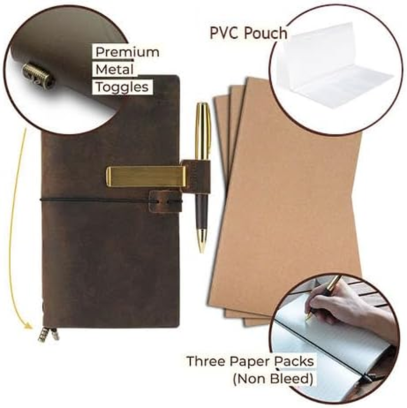 Refillable Leather Journal, Refillable Travellers Notebook for Men, Handmade Travelers Leather Travel Journal for Women, Vintage Antique Travel Diary Standard TN + Pen for Sketching image number 4