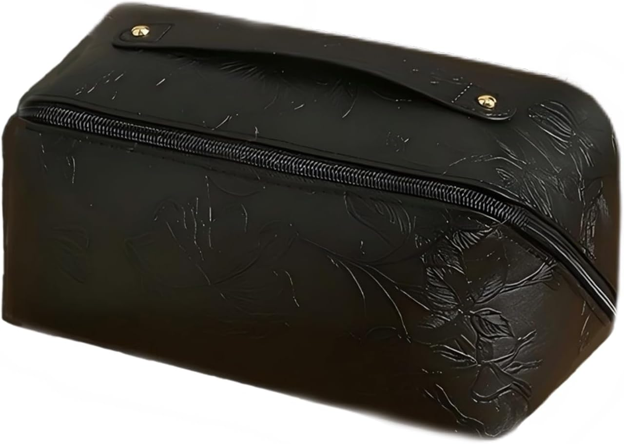 Travel Makeup Bags Cosmetic Organizer Bag,Large Capacity PU Leather Toiletry Bag for Women - Wide Open Portable Pouch with Divider & Handle (Black)