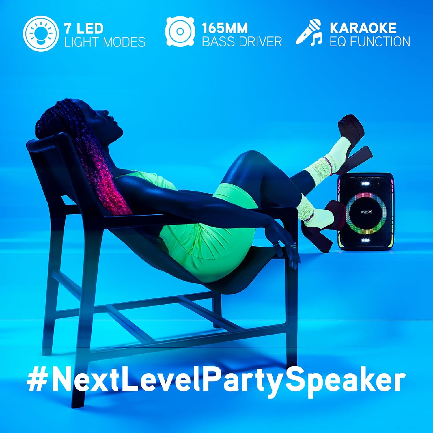 Blueant X5I 120W Bluetooth Party Speaker, Powerful Bass Boost with Dual Wireless Microphones for Karaoke, LED Light Show, Long Battery Life, Built-In Powerbank for Parties and Events, Black image number 1