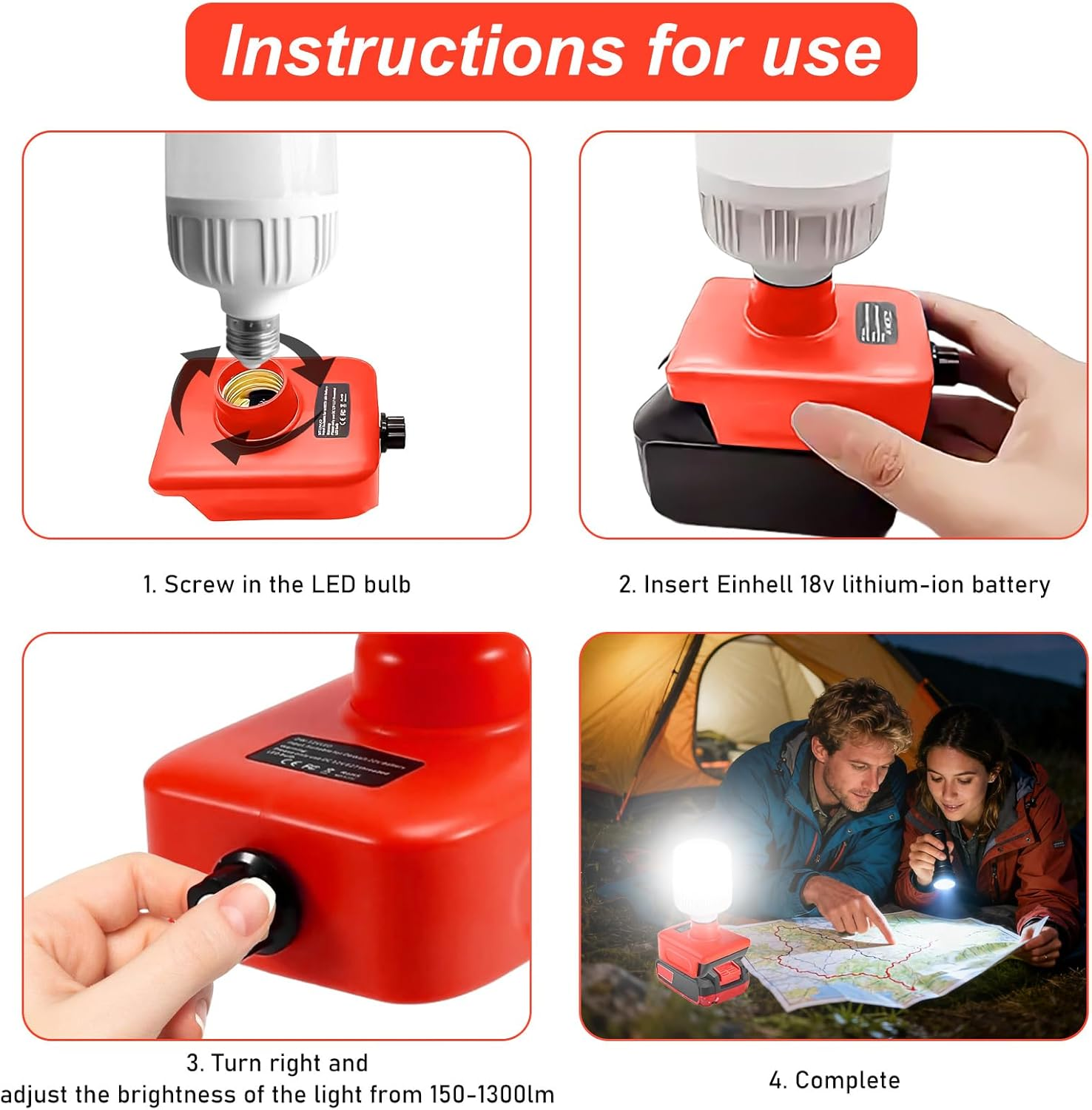Battery Lamp for Einhell 18 V Battery, 12 W LED Work Light with E27 Bulbs Adjustable Brightness 150-1300LM Spotlight, Wireless Work Spotlight for Construction Sites and Outdoor Camping Emergency image number 3