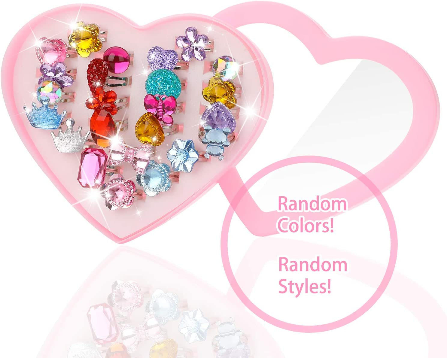 Hifot 24 Pcs Girls Crystal Adjustable Rings, Princess Jewelry Finger Rings with Heart Shape Box, Girl Pretend Play and Dress up Rings for Children Kids Little Girls - Random image number 6