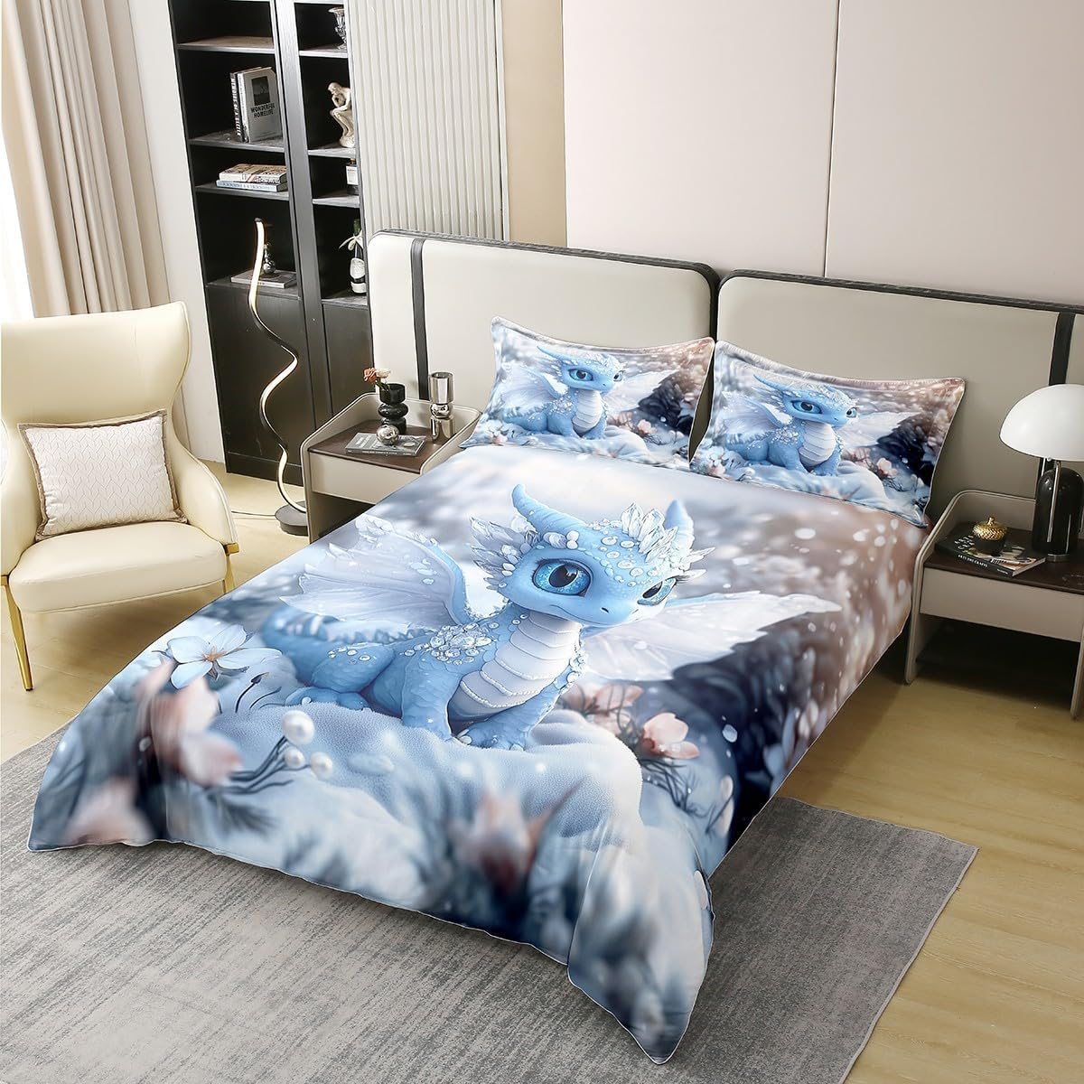 Homewish Dragon 100% Cotton Duvet Cover, Wild Safari Bed Linen Set, 155 X 220 Cm, for Children, Scale, Snow, Dew, Winter, Flowers, Dreamy Aesthetics, Blue, White, Comforter Cover, Breathable Bed Set - Pink image number 5