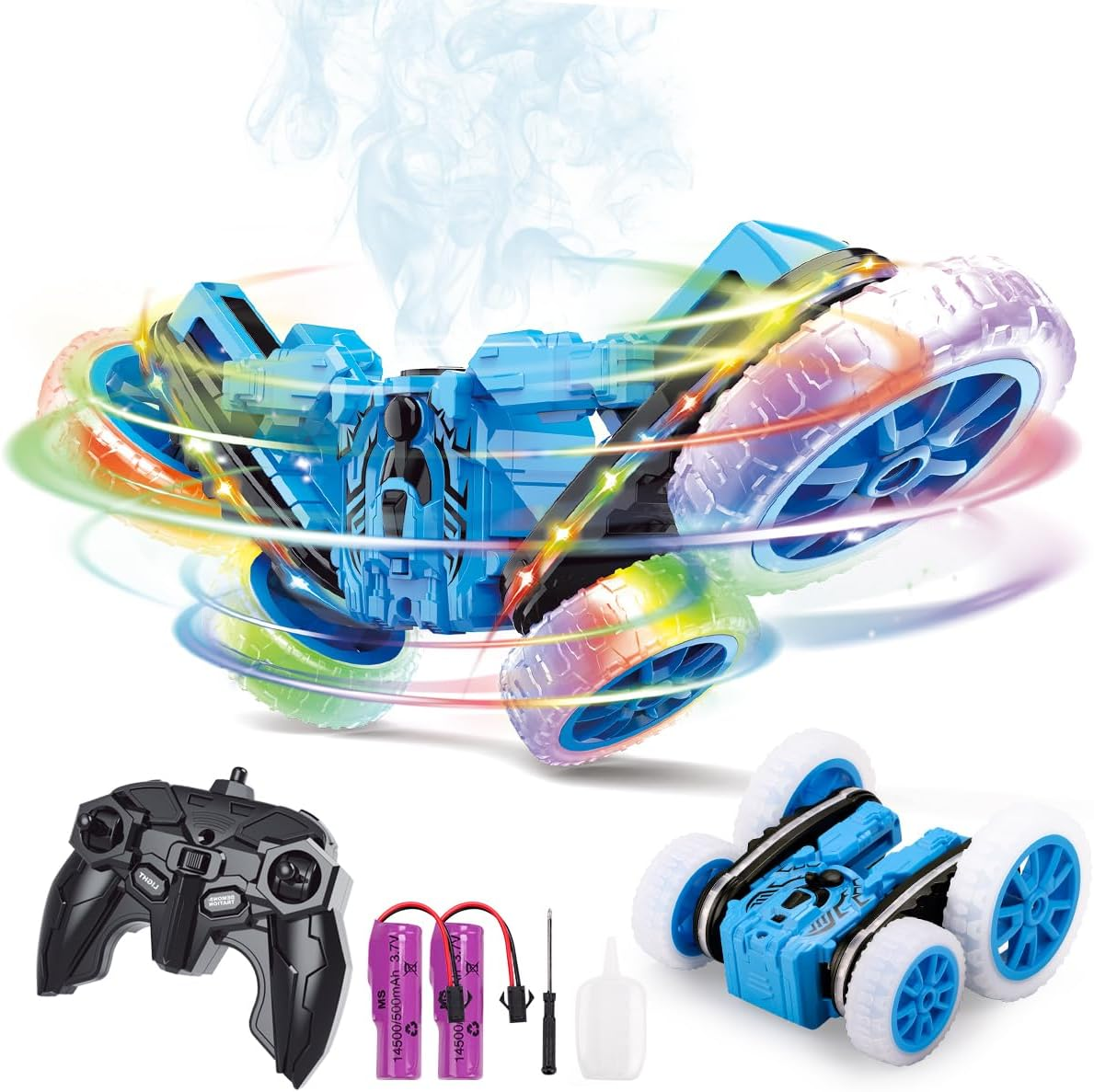 Kaekid Remote Control Car, RC Stunt Toys with LED Lights & Cool Spray, Double-Sided 360&deg; Rotating 4WD High Speed Off-Road Car, Indoor/Outdoor Toy RC Drift for 6 7 8 9 10 11 12 Year Old Boy (Blue) image number 5