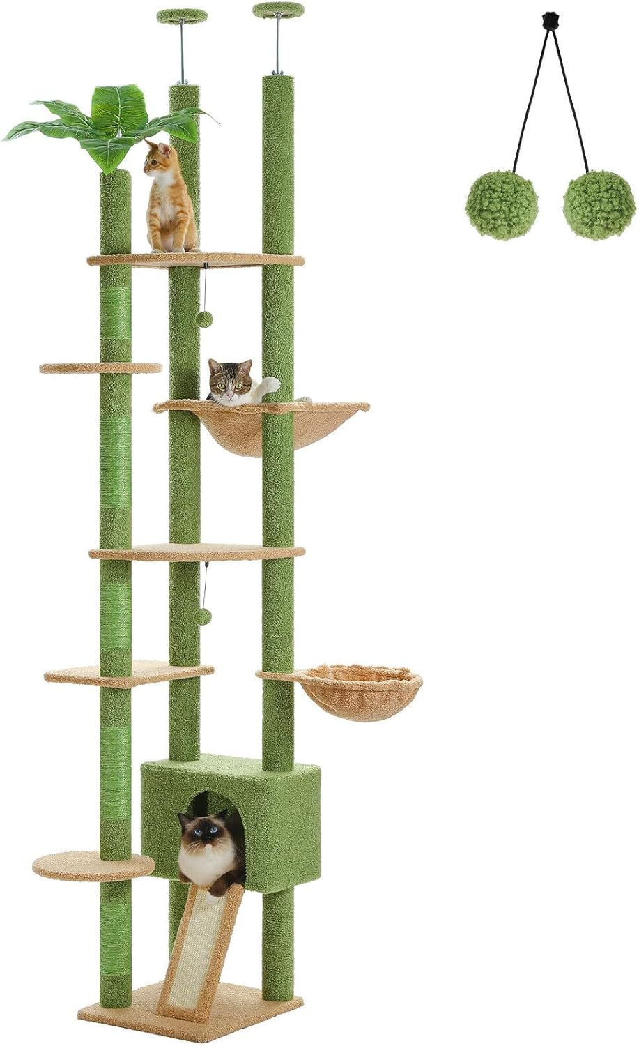 PAWZ Road Cat Tree, Floor to Ceiling Cat Tower Height Adjustable(230-252Cm), Cactus Cat Climbing Tree with Cat Condo, Cozy Hammock and Cat Scratching Posts for Indoor Large Cats, Green image number 6