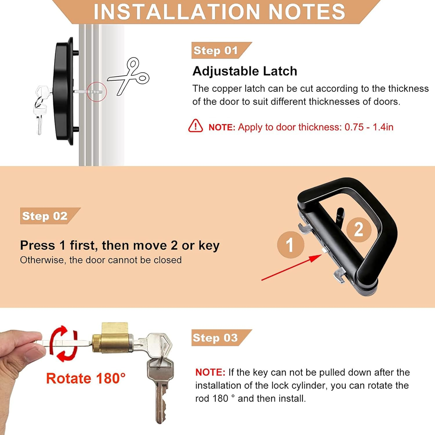 WYJREES Sliding Patio Door Handle Set with Mortise Lock, Suitable for Sliding Glass Patio Door Thickness from 1.5In to 2In, 4-15/16" Screw Holes, Need to Drill, Reversible Design, Keyed, Black