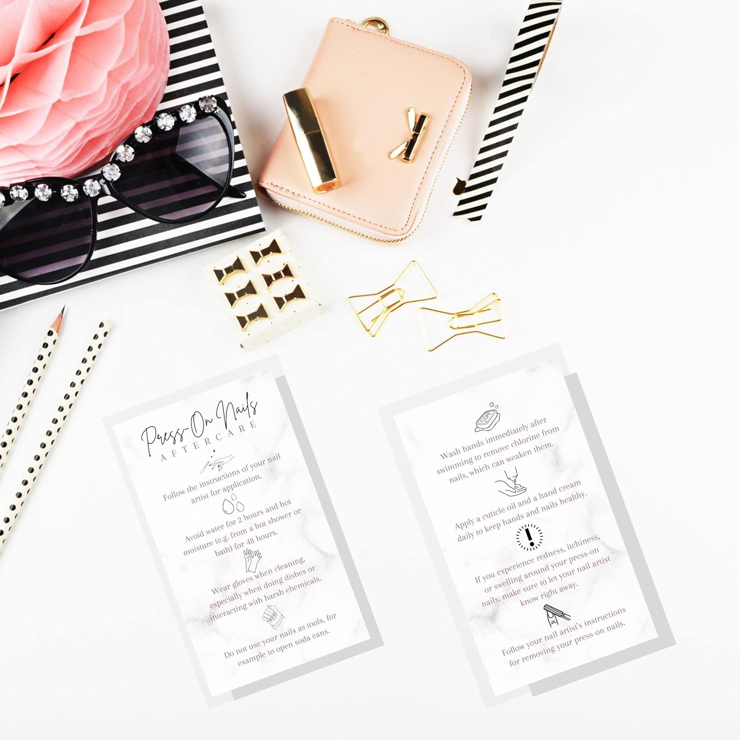 Press-On Nail Aftercare Cards | 50 Pack | 2X3.5" Inch Business Card Size | Add to Your DIY Press-On Nail Kit | Marble Design