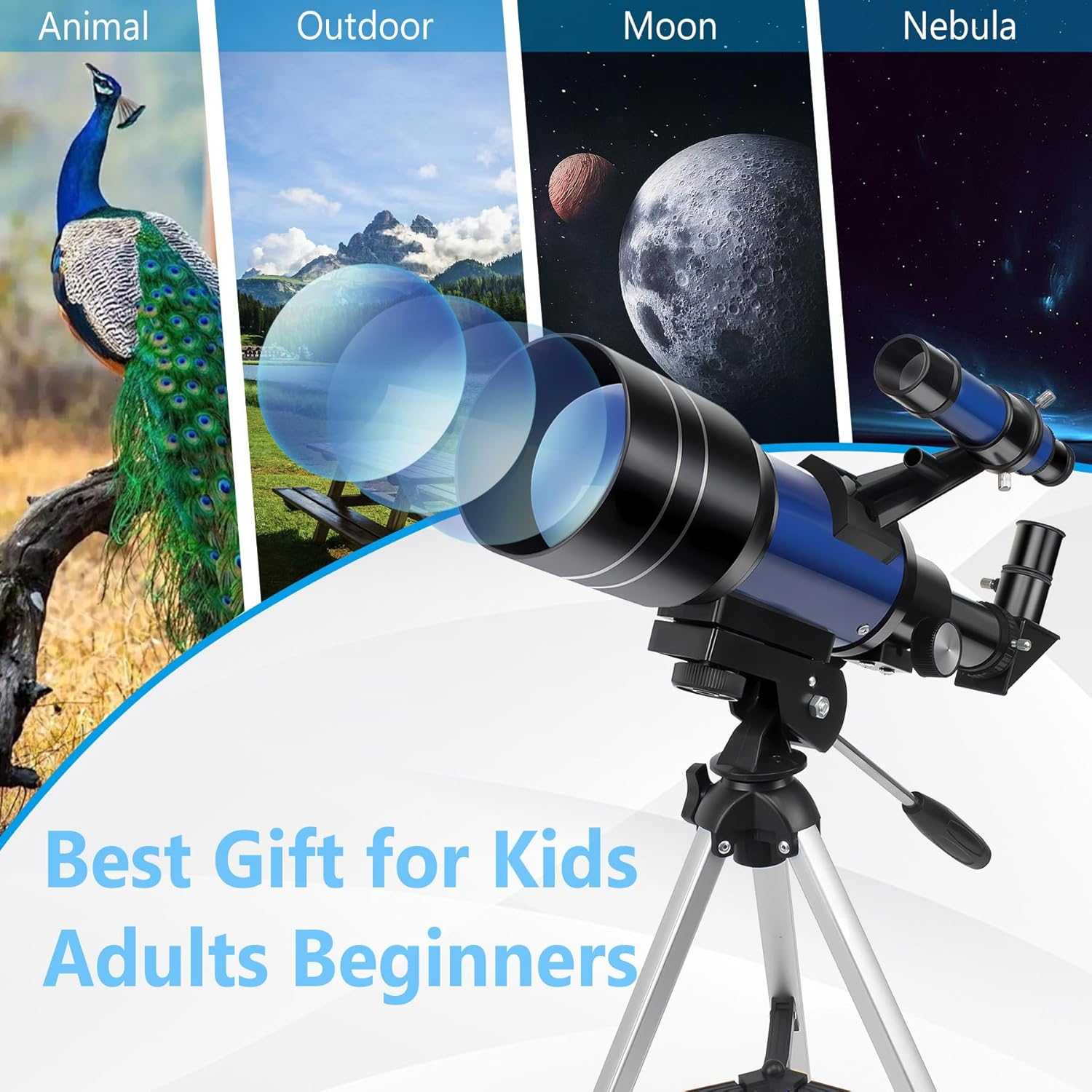 Telescope, Telescopes for Adults Kids Beginners, 70Mm Aperture Astronomy Refractor Telescopes (15X-150X) with Portable Tripod, Phone Adapter (Blue) image number 6