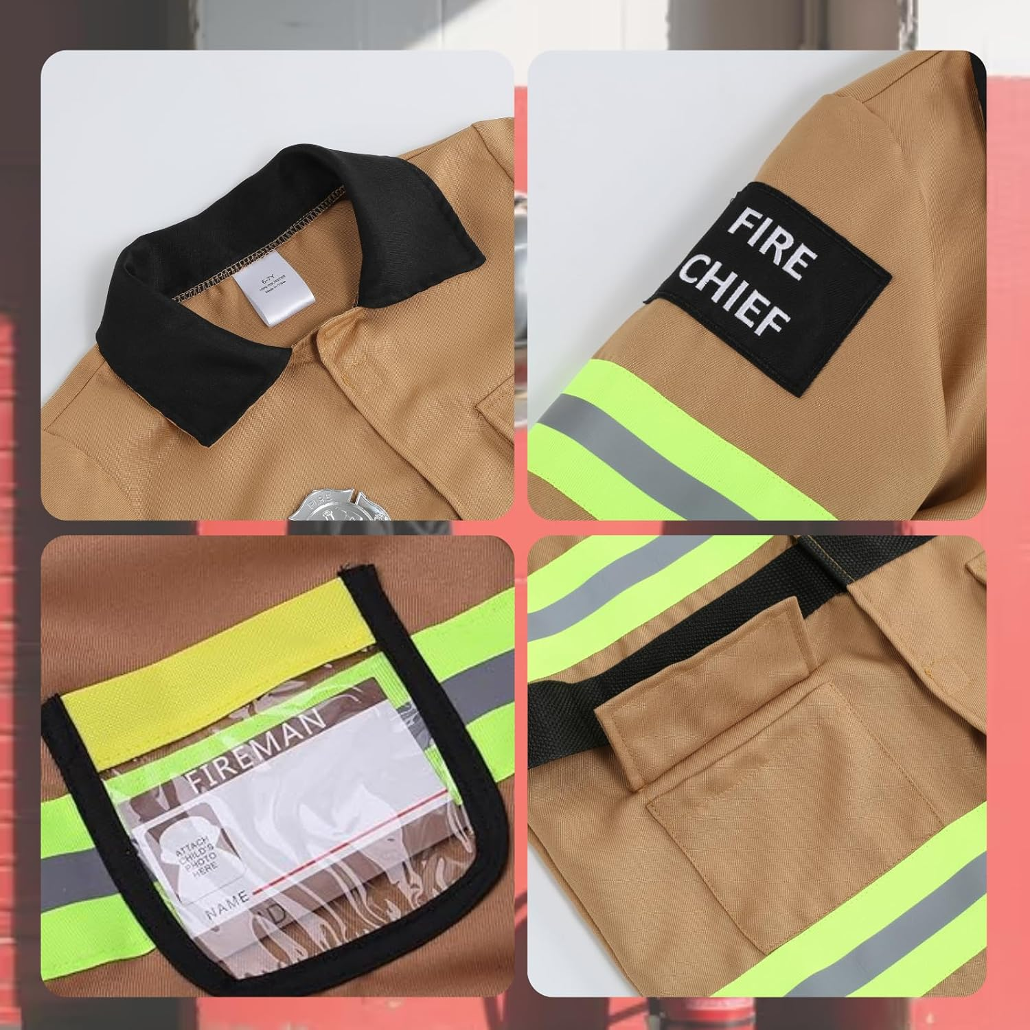 Tan Fireman Costume for Kids, Boys' and Girls' Firefighter Dress up (7 Pcs)