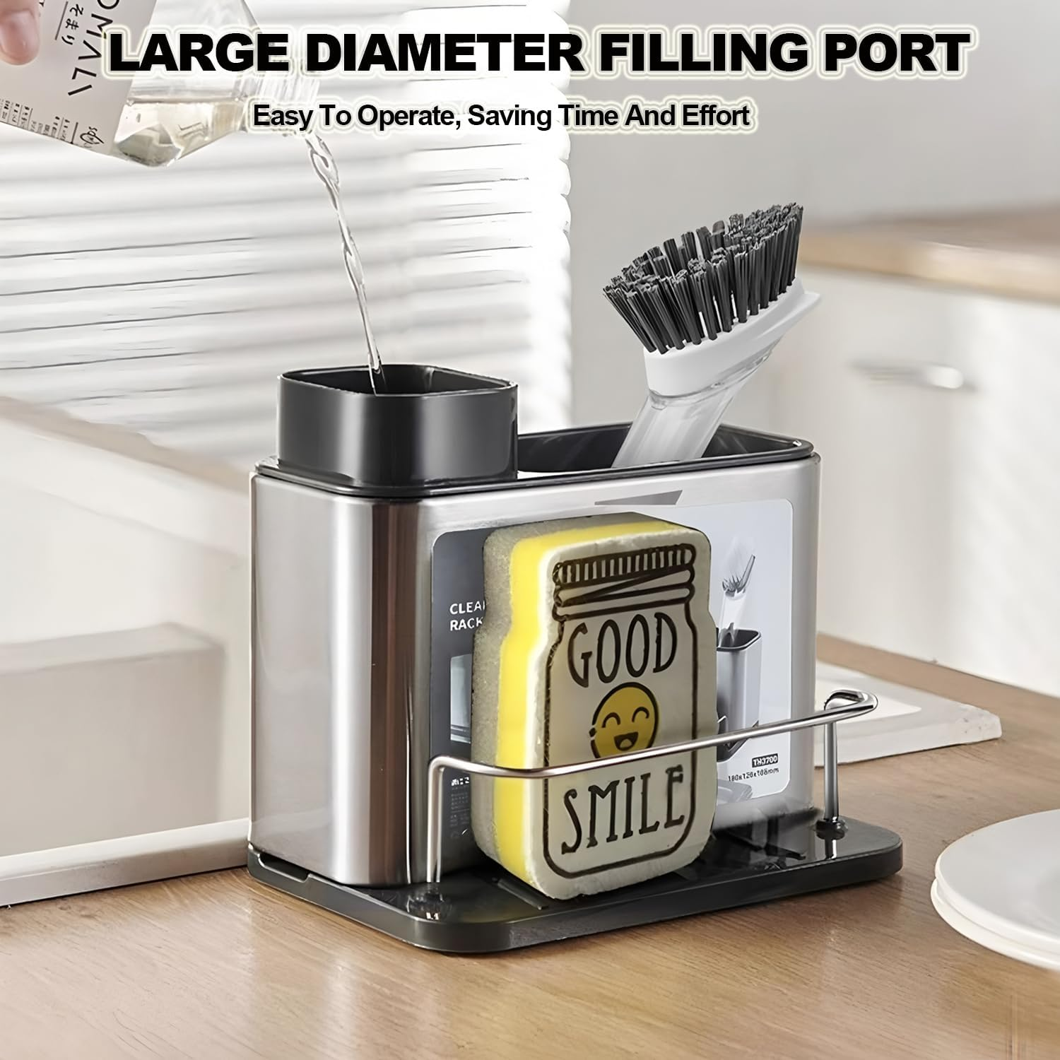 AIMANWEI 3-In-1 Hand and Dish Soap Dispenser Set for Kitchen,340Ml Stainless Stee Kitchen Soap Dispenser,Sink Caddy Sponge Holder Rack Shelf, for Hand Sanitizer, Bathroom Shower image number 1