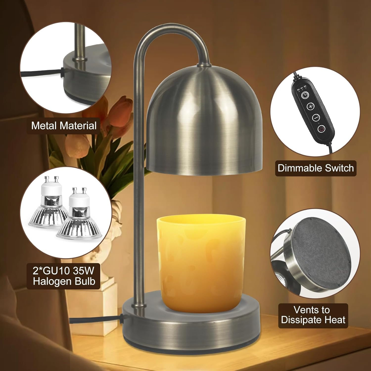 Yudoutech Dimmable Candle Warmer Lamp - Copper Metal Candle Wax Warmer with 2 * 50W Bulbs, Timer & Dimmer, Perfect for Bedroom and Living Room Decor image number 2