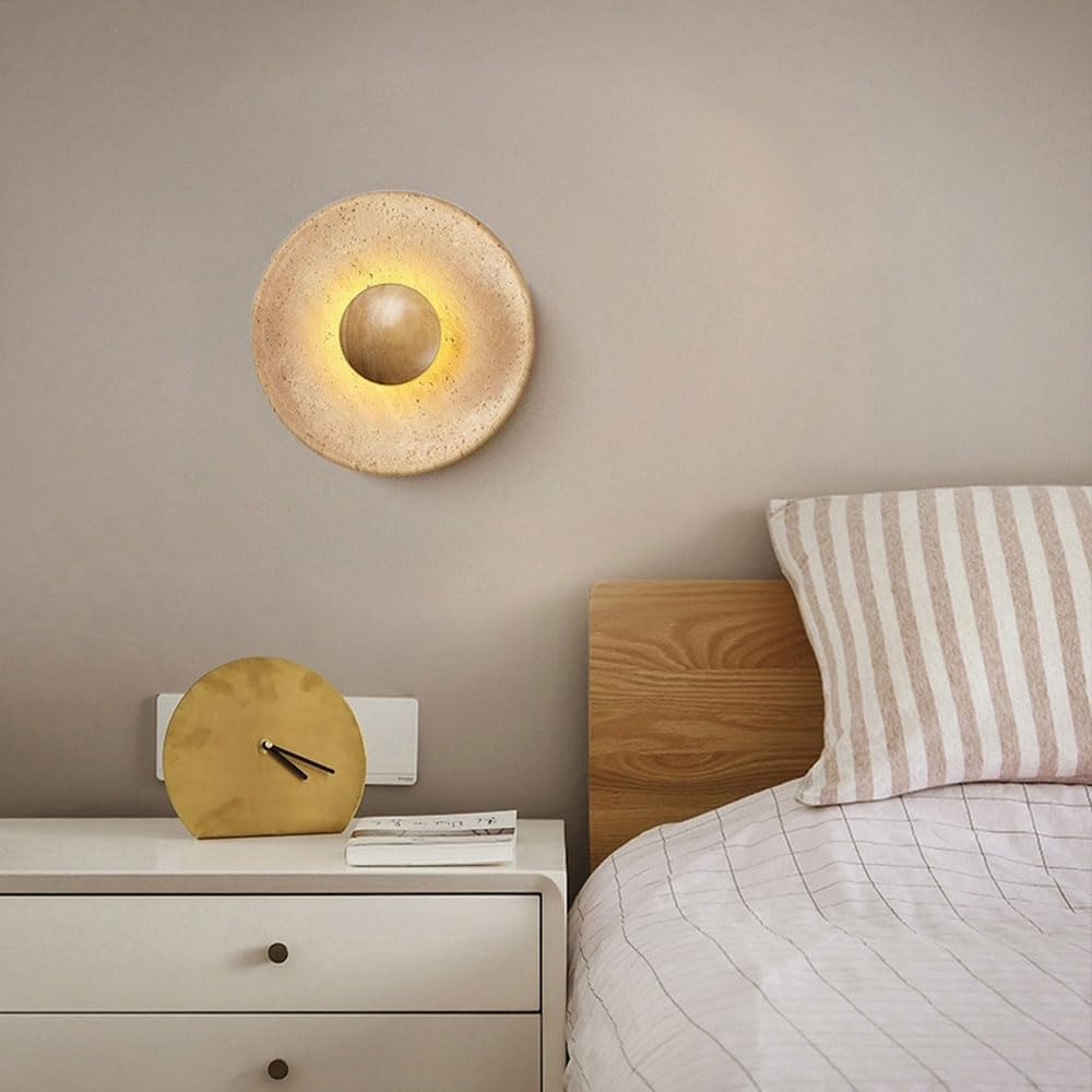 Yellow Travertine Wall Lamp Wabi Sabi Wall Sconce Lighting Fixture round Wood Wall Light, Natural Stone Wall Sconces Hardwired Wall Lights for Bedroom Living Room Stairs XXZ image number 3