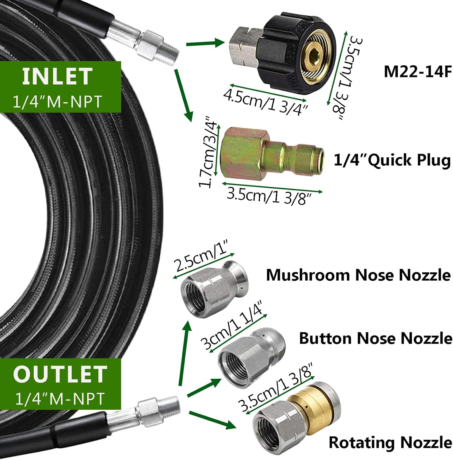 Acbbmns 30M/98.4FT Sewer Jetter Kit for Pressure Washer, 1/4 Inch NPT, 5800 PSI Drain Pipe Hose Cleaning Set, Button Nose & Rotating Sewer Jetting Nozzle image number 6