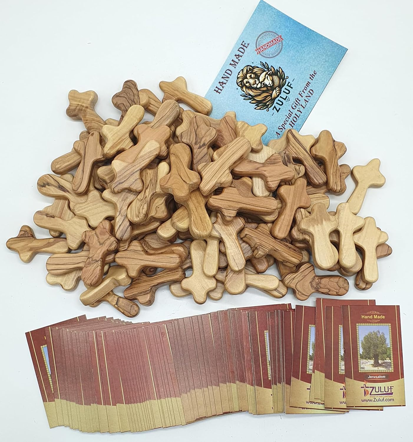 Zuluf 100 Small Olive Wood Comfort Crosses from Bethlehem Israel | Pocket Holding Crosses | Comes with 100 Holy Land Certificates 6Cm / 2.5 Inch Each Cross - CRS301 image number 3
