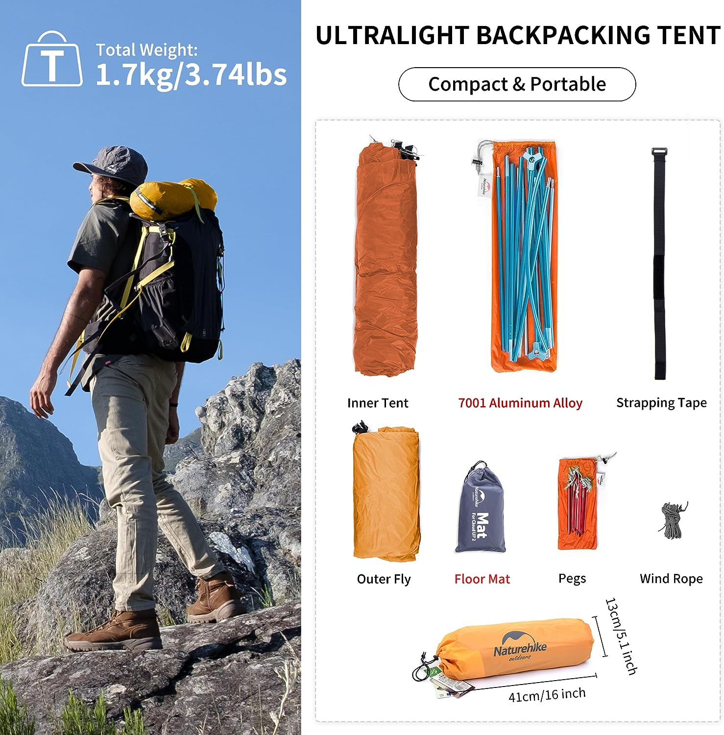 Naturehike Upgraded Cloud-Up 1 Person Backpacking Camping Tent Lightweight Outdoor Tents for 1 Person Camping image number 6