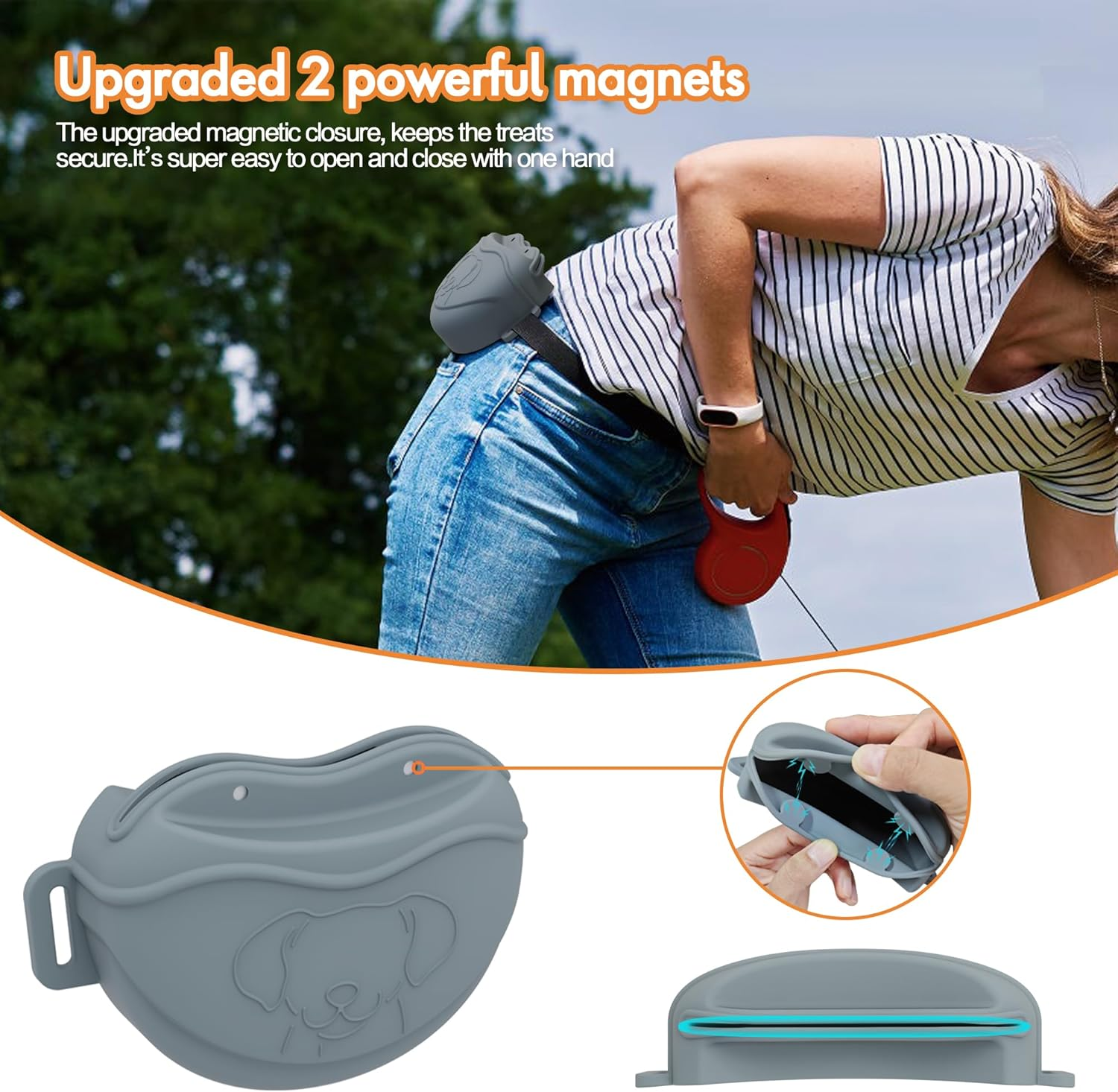 AWINNER Dog Treat Pouch - Premium Silicone - Upgrade 4 Strong Magnets Enhanced Magnetic Closure, Adjustable Waist Belt - Ideal for Puppy Training and Outdoor Walks (Grey)
