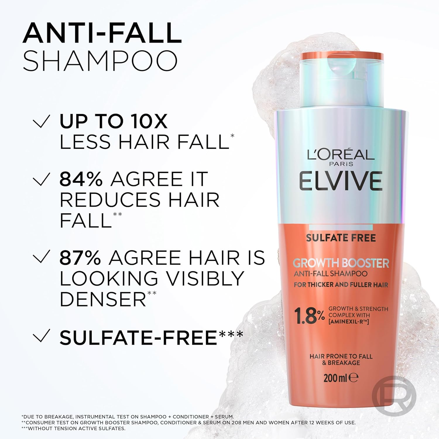 L'Or&eacute;al Paris Elvive Growth Booster Anti-Fall Shampoo 200 Ml, with 1.8% Growth & Strength Complex, Visibly Thicker & Stronger Hair, for All Hair Types Prone to Hair Fall & Breakage image number 1
