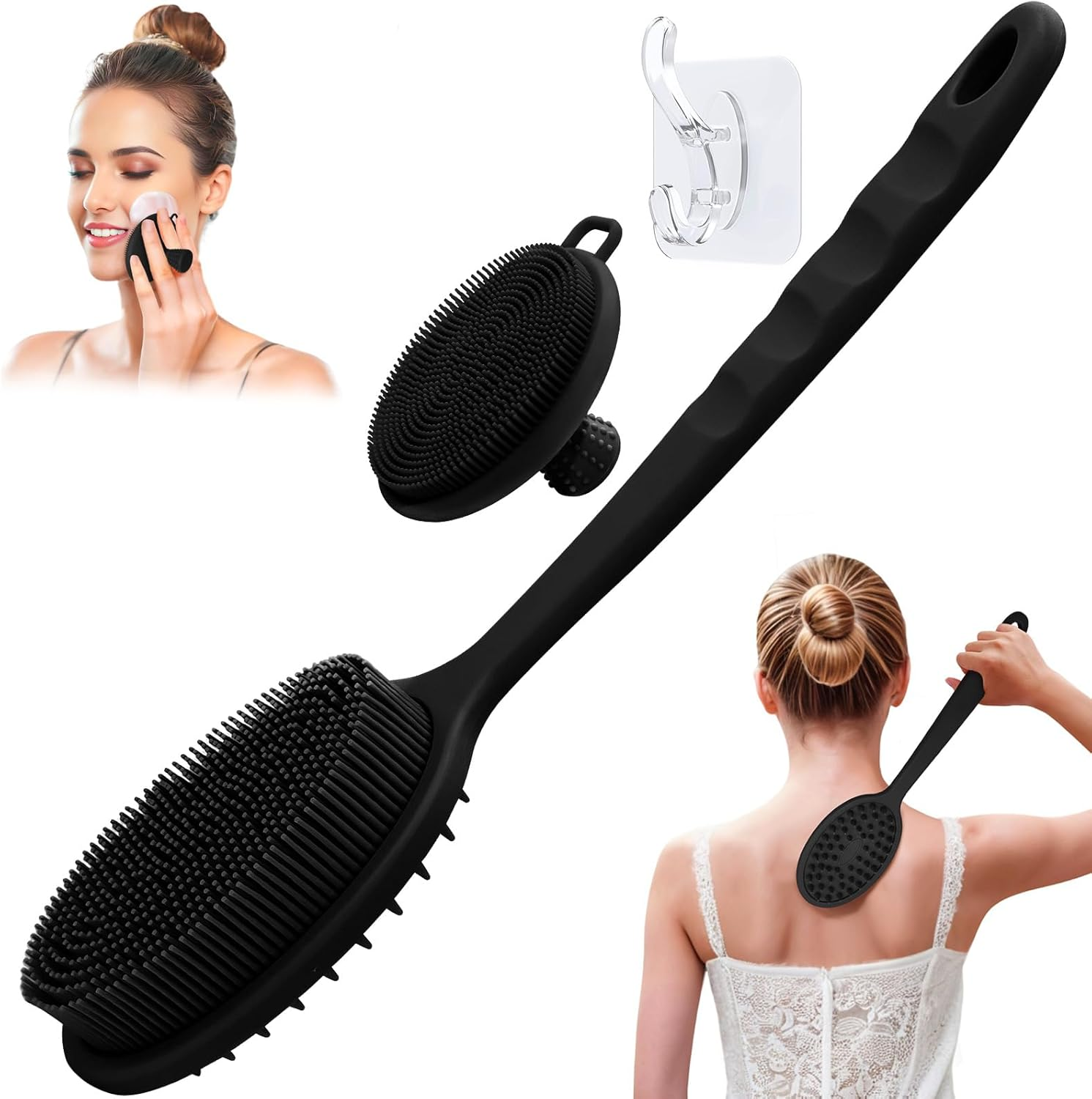 GEENOA Soft Silicone Body Scrubber 2PCS, Dual-Side Silicone Loofah for Shower, Gentle Loofa Alternative, Replaceable Brush Head to Be Used Alone or with Long Handle (Pinkx2)