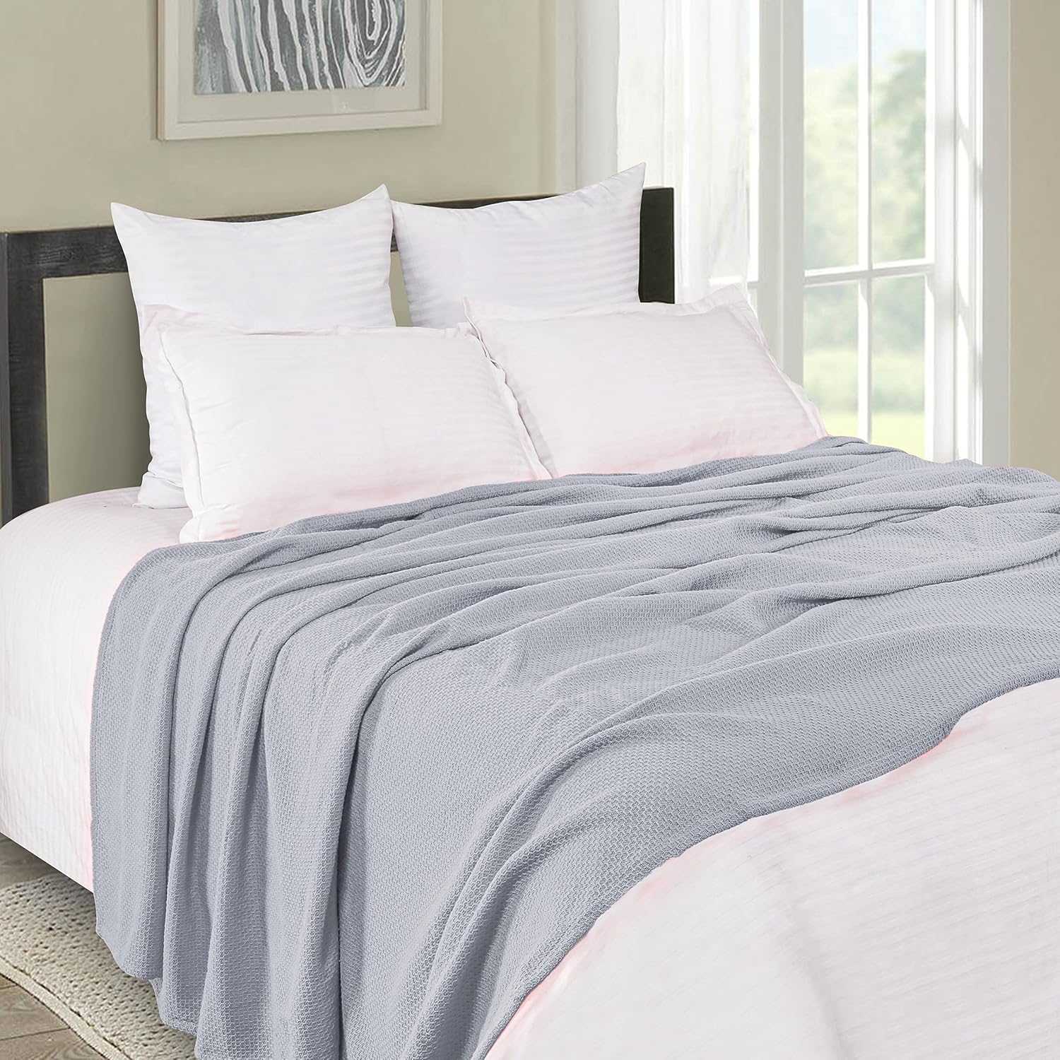 BOUTIQUO 100% Cotton Bed Blanket, Breathable Thermal Blanket King Size, Soft Honeycomb Waffle Blanket 90"X102", Cotton Bed Blanket, Perfect for Layering Any Bed for All Season, Light Grey image number 5