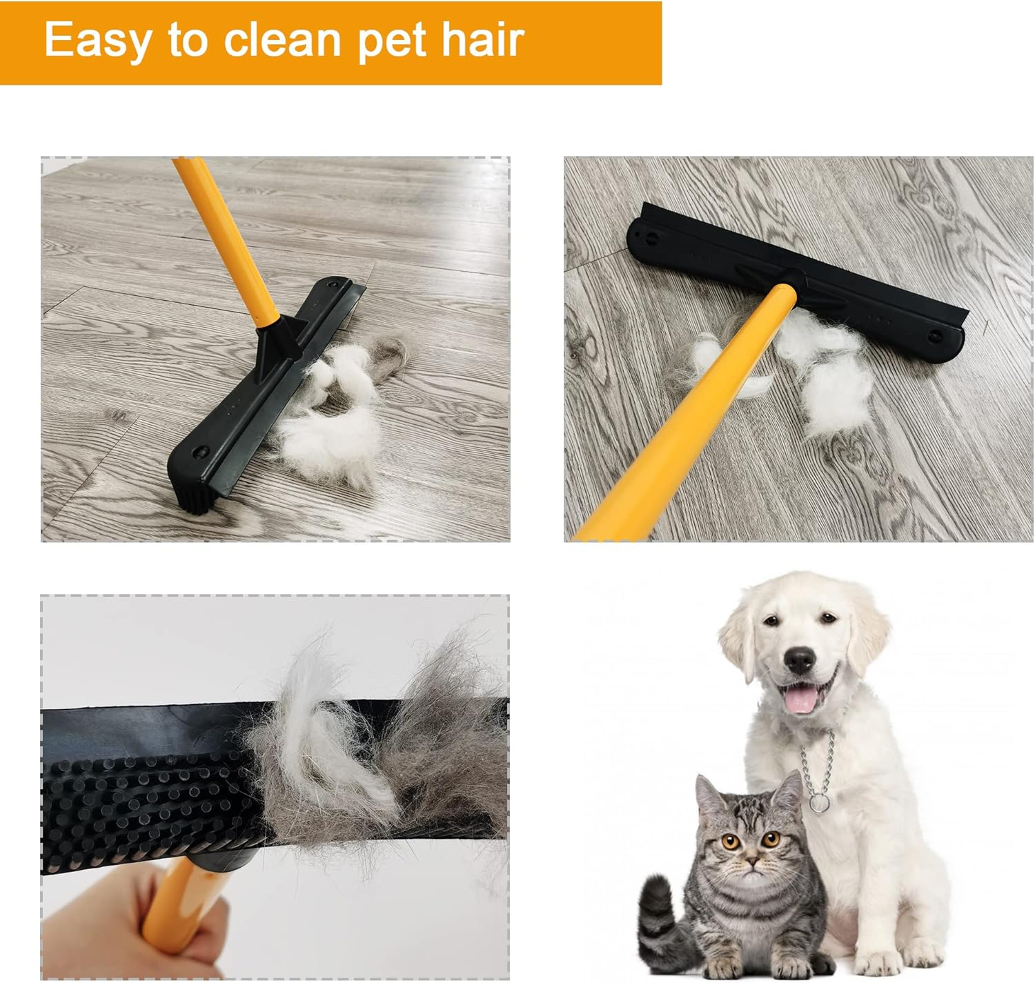 Push Broom,Pet Hair Removal Broom with Squeegee,Soft Silicone Bristle Broom with Long Handle,Non Scratch Carpet Sweeper Brush for Cat Dog Hair Hardwood(Orange) Extra Long for Tall People image number 5