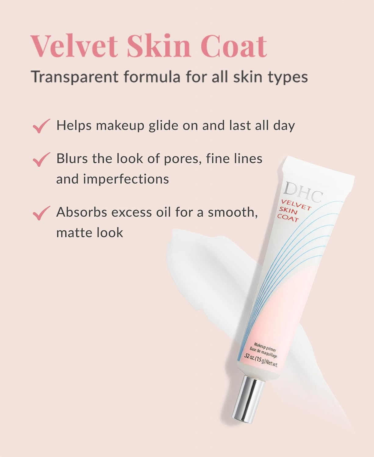 DHC Velvet Skin Coat, Mattifying Makeup Primer, Powder-Gel Formula, Minimizes Look of Pores, Fine Lines, and Imperfections, All Skin Types, Fragrance and Colorant Free, 0.52 Oz. Net Wt image number 4
