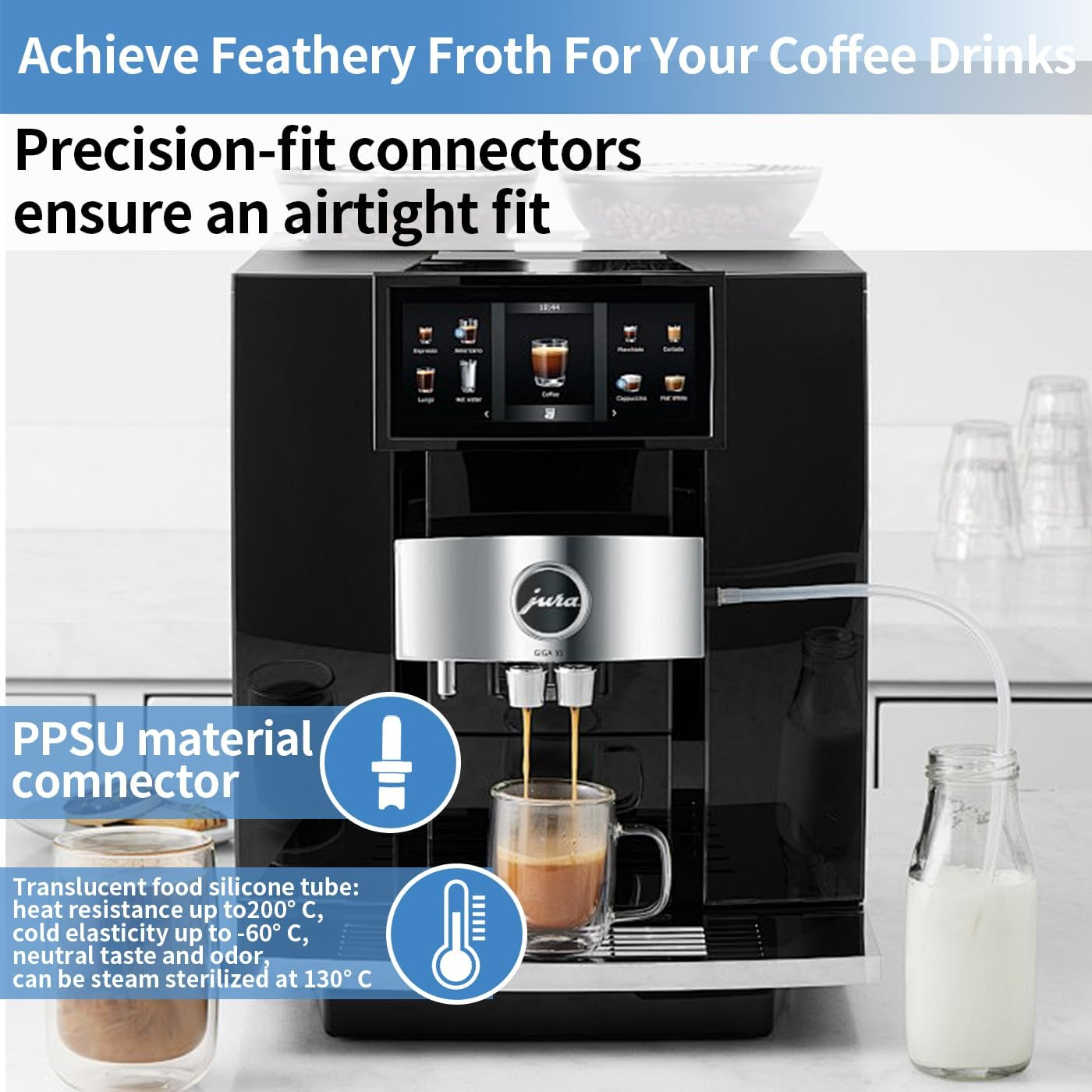 Milk Tube Hose Set for Jura ENA E8,GIGA 6 10 W10,IMPRESSA J6 J8 J8Twin Z5 Z6 Z7 Z8 Z9 Z10, S8 S80 WE8 Fully Automatic Coffee Machines(5 Milk Hoses 14.2In, 5 HP3 Milk Hose Connectors, Cleaning Brush) image number 2