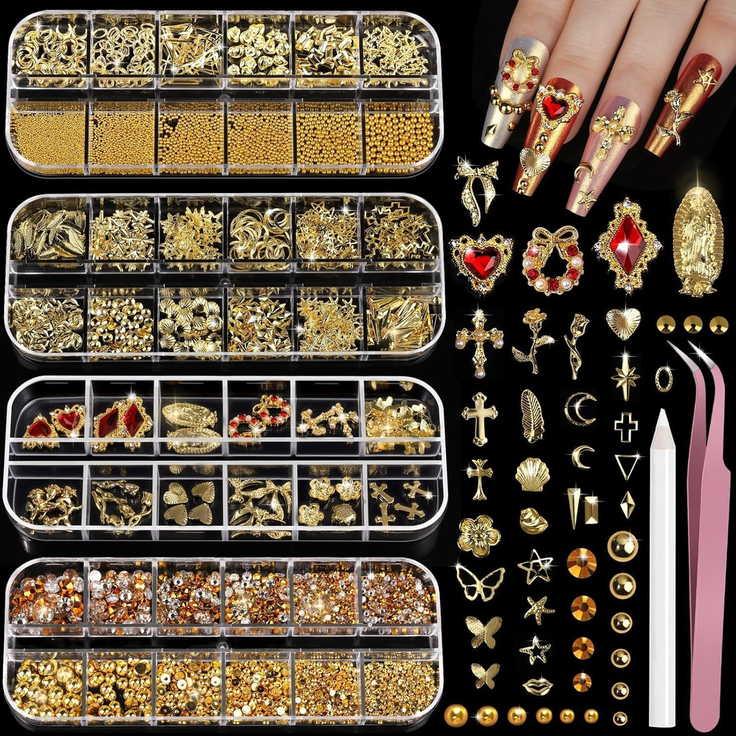 Gold Nail Charms and Gems Set, 4 Boxes Pearls Nail Art Tools, 3D Jelly Rhinestones with Cross Heart for Nails Bedazzling Supplies, Charms for Nails Design Nail Art Kit image number 5