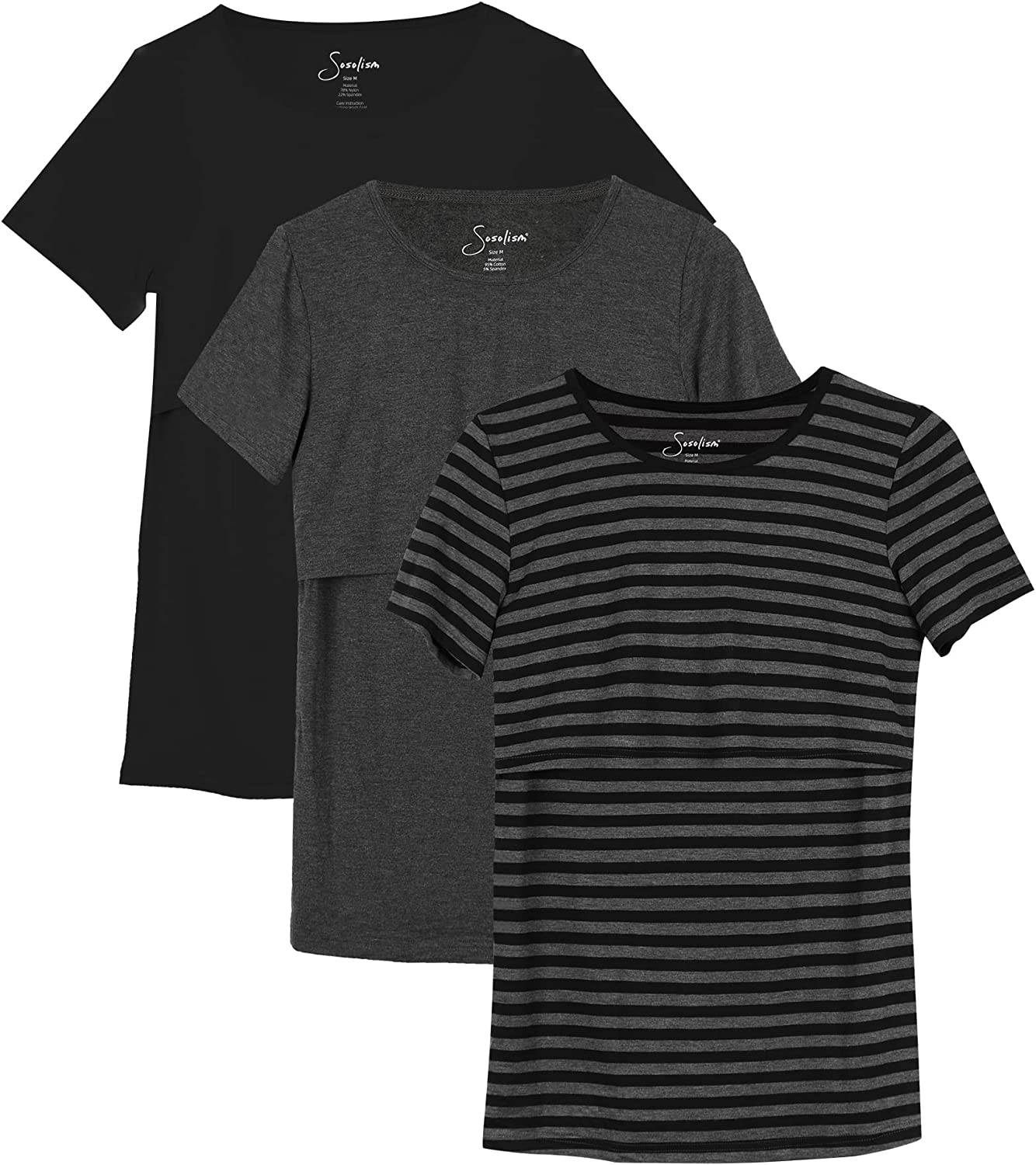 Sosolism 3 Packs Nursing Tops for Women Breastfeeding Clothes Summer Short Sleeve Maternity Shirt Pregnancy Clothing