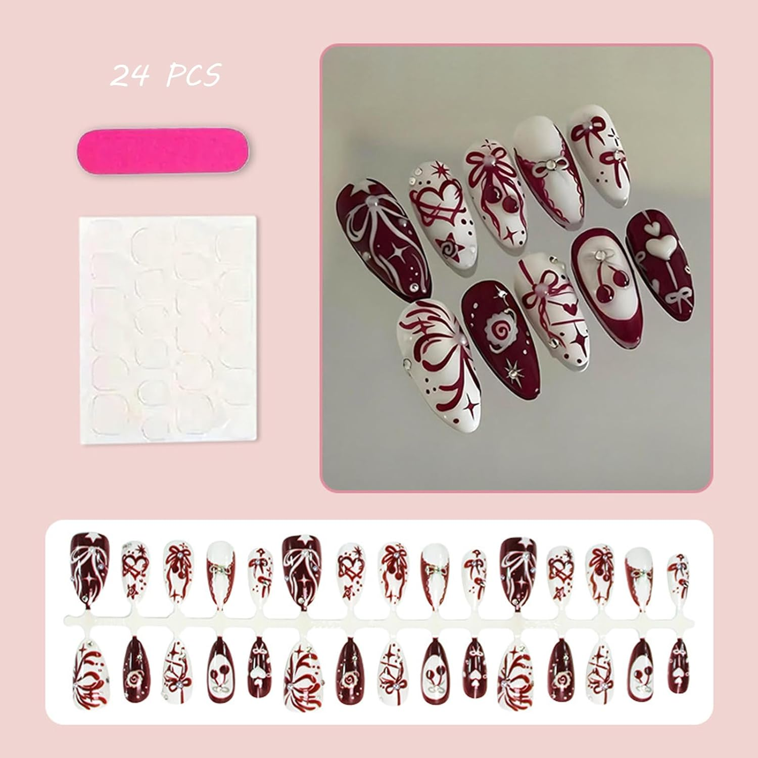 24 PCS Valentine'S Day Press on Nails Bow, Heart, Cherry, and Rhinestone Fake Nails Medium Gifts for Women and Girls (No.27) image number 6