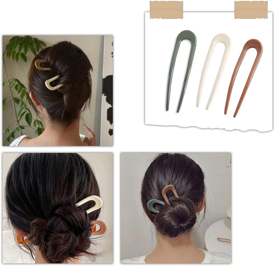 ZWWOGE Pack of 3 French Hair Pins for Women 12 Cm U-Shaped Hair Clips U-Shaped Hair Fork Black Pink Brown Hair Pins French Clip for Women Girls Non-Slip and Comfortable for Occasions image number 4