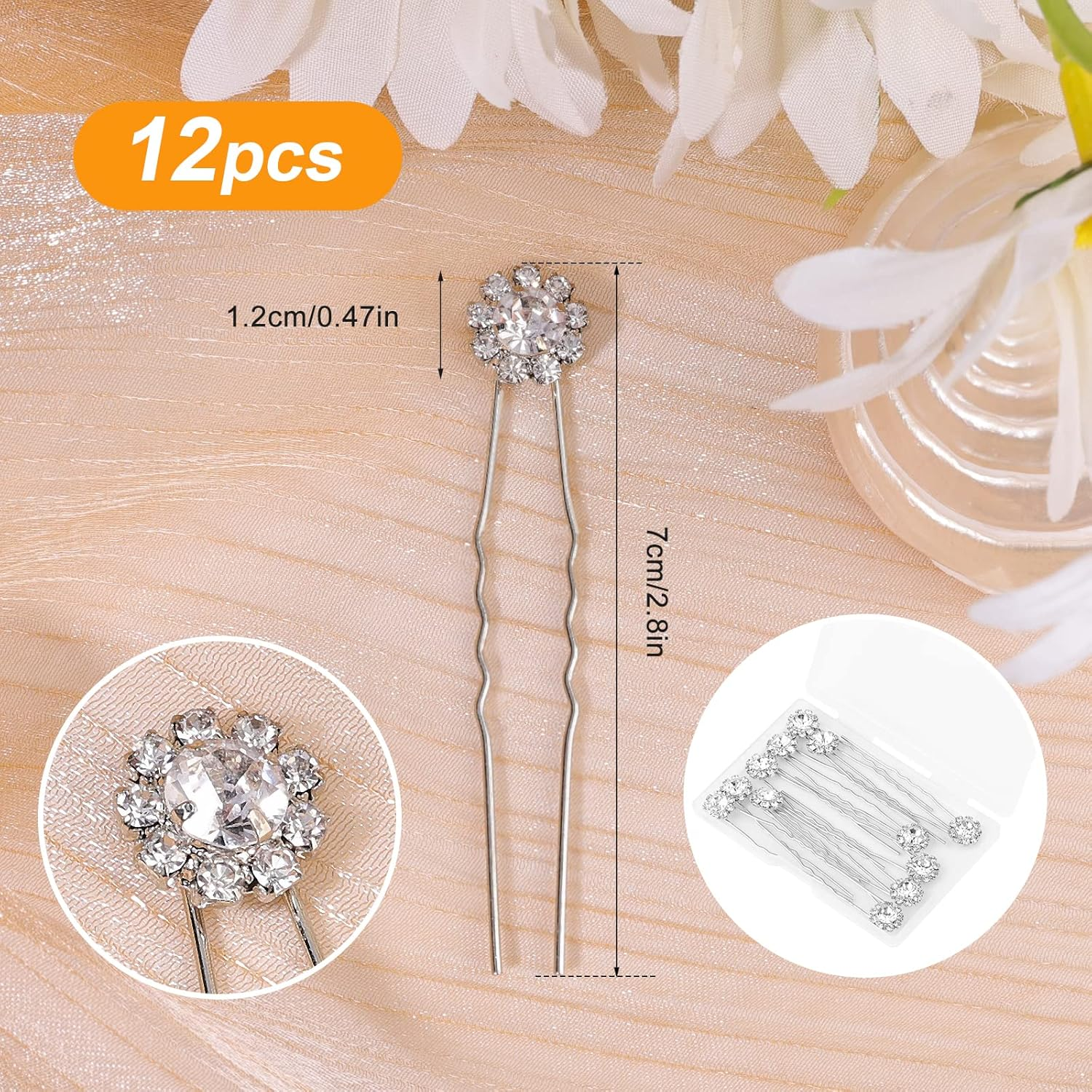 KINBOM 12Pcs Rhinestone Wedding Hair Pins, U Shaped Hair Pins Crystal Flower Hair Bobby Pins Wedding Hair Accessories for Brides Bridesmaids (Silver) image number 6