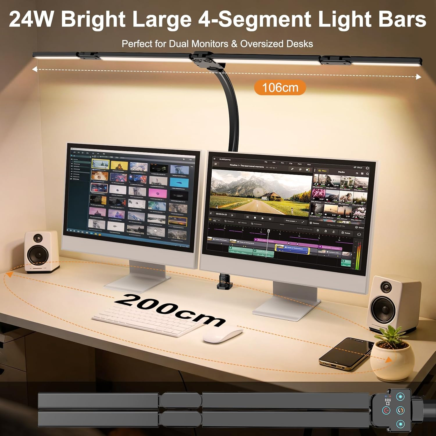 Desk Lamp for Home Office, Extra Width 24W Bright LED Desk Light with Adjustable 4-Segment Bar & Remote, Eye-Caring Gooseneck Architect Desk Lamp with Clamp for Reading Study, Dimmable, Timer image number 5