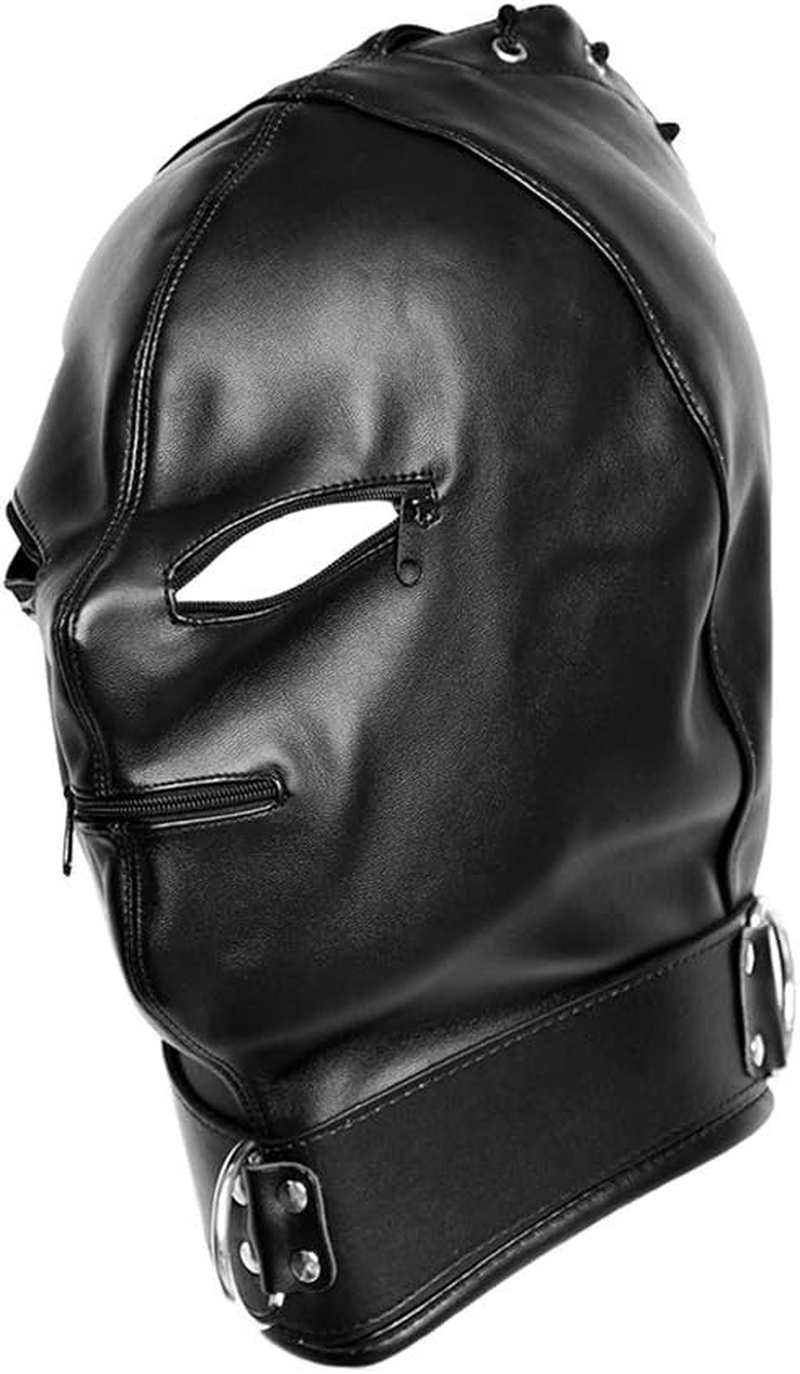 Romi Leather Bondage Mask Black Restraint Head Hood Sex SM Toys Adjustable Headgear with Zipper Unisex Adults Couples