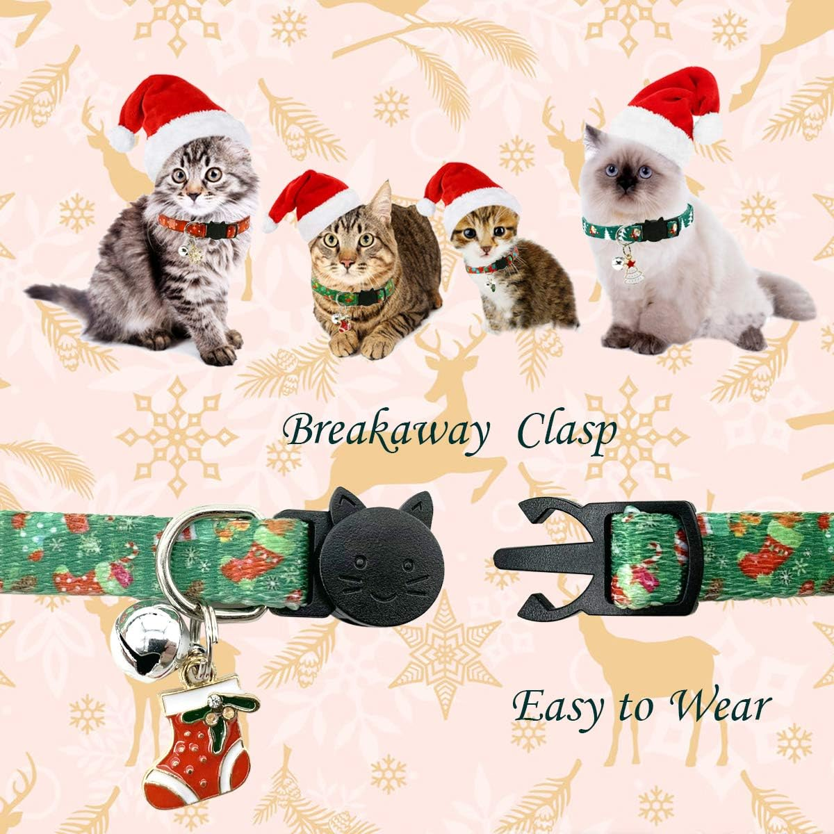 Cooshou Christmas Cat Collar Set - Xmas Cat Adjustable Breakaway Collars with Bells & Charms 4Pcs per Set