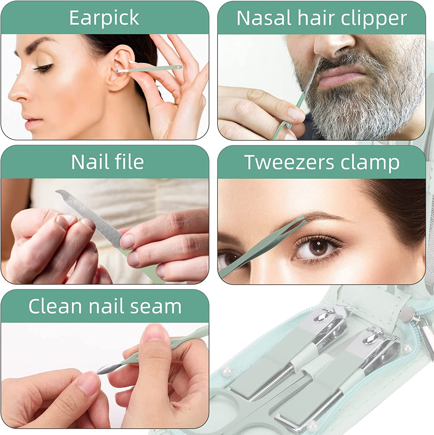 12-Piece Nail Care Kit, Mint Green Leather Travel Case,Manicure Set Personal Care, Nail Clipper Kit,Nail Tools with Luxurious Travel Case, Gifts for Men Women Family Friend image number 2
