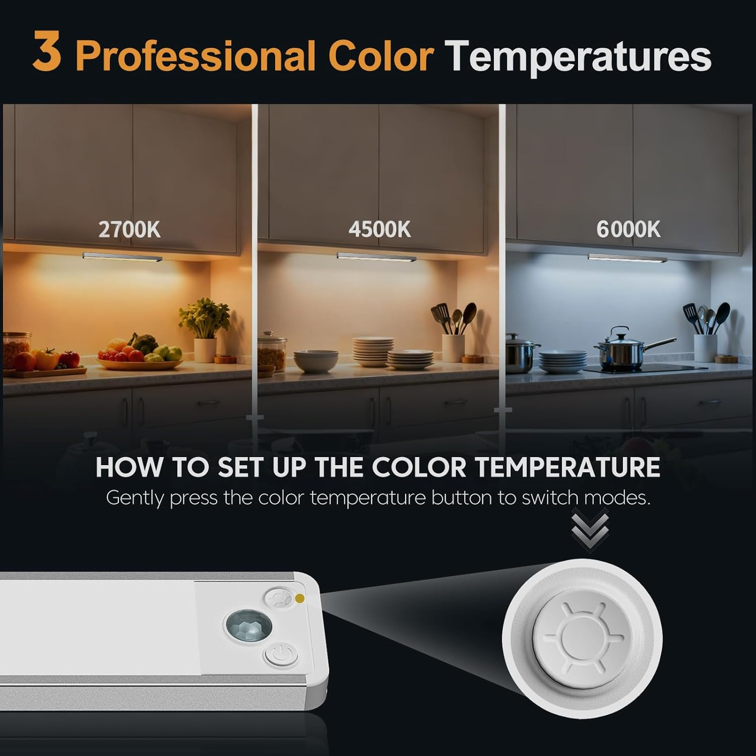 Cabinet Lighting LED Motion Sensor 20 Cm 3 Colours 2700-6000 K & Dimmable Under-Unit Light Kitchen Light Strip Rechargeable & Magnetic Wireless Light for Wardrobe, Shelf (Pack of 3) image number 4