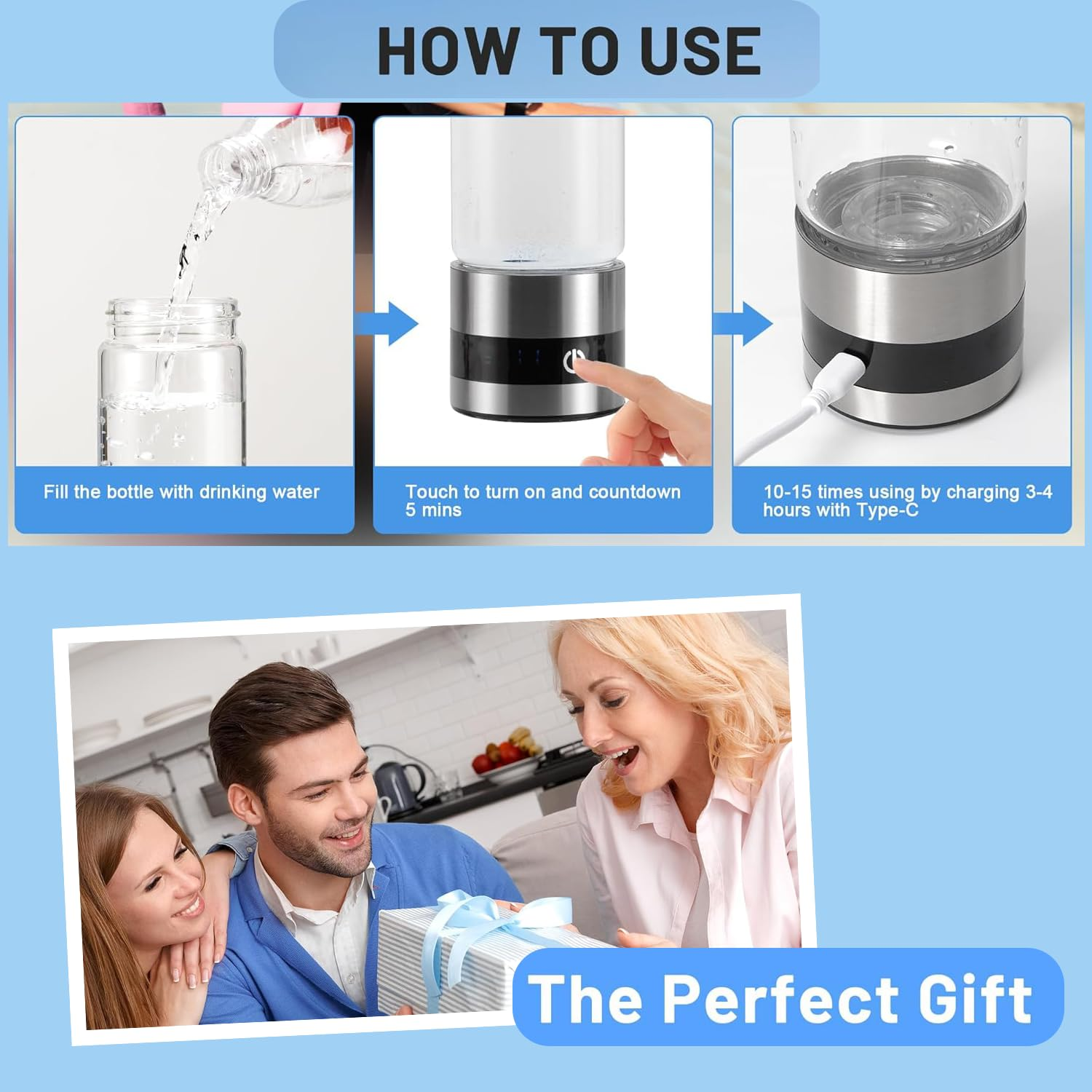 Glass Hydrogen Water Bottle, 16Oz/460Ml, 2500+ PPB, SPE/PEM Tech, LED Display, Type-C Rechargeable, Food-Grade, for Health & Daily Use image number 6