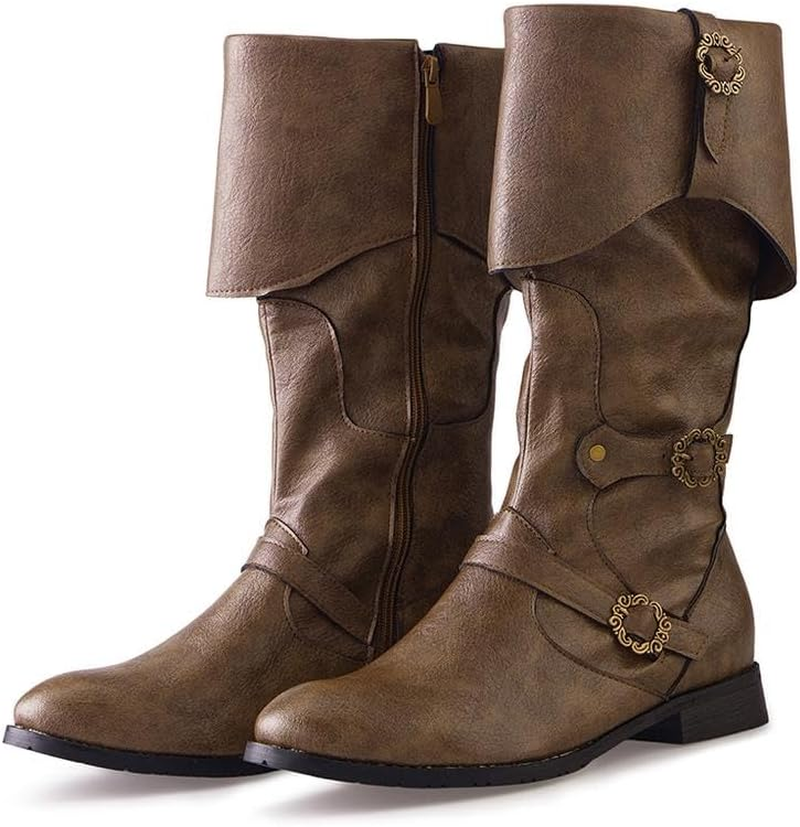 DUNHAO COS Men'S Faux Leather Medieval Boots Viking Pirate Costume Boots Renaissance Faire Cosplay Shoes
