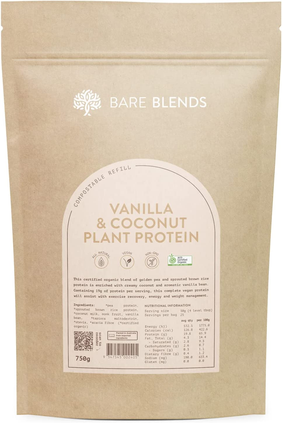 Bare Blends - Vanilla & Coconut Plant Protein | Vegan Protein Powder | Certified Organic | Gluten Free (750G) image number 1