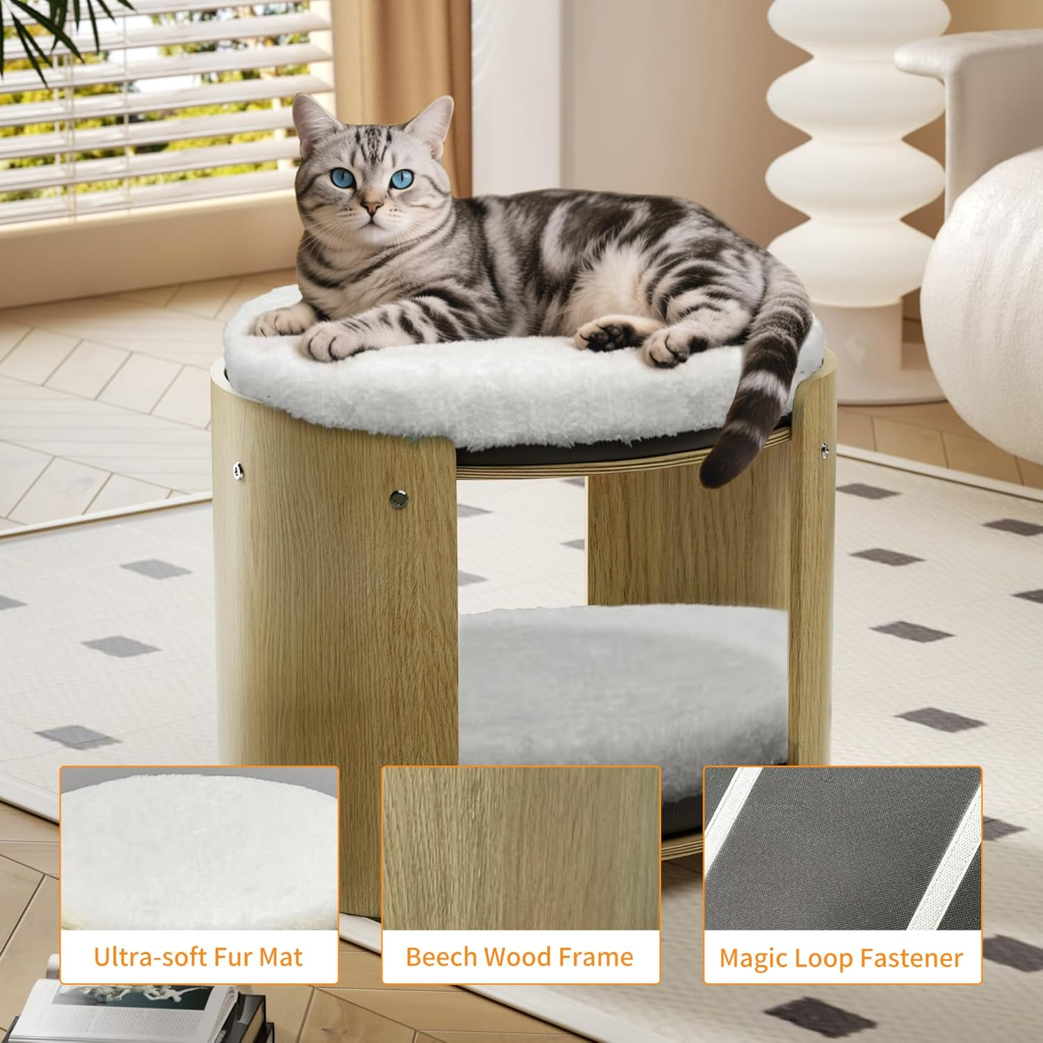 Bingopaw Elevated Cat Bed: 2-Tier Cat Stool for Indoor Cats, Beech Wood Frame Double Kitten Bunk Bed Pet Furniture with Super Soft Plush Mats More Thicker image number 2