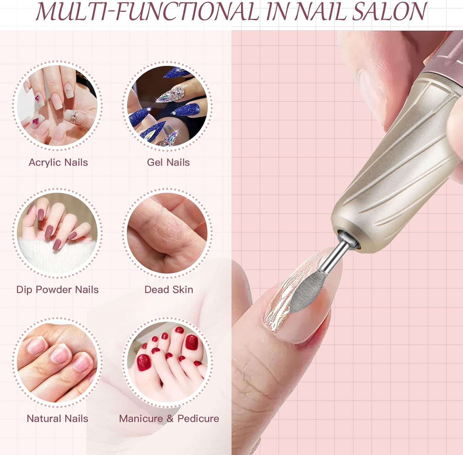 Madenia Rechargeable Electric Nail Drill Professional Portable E File Machine for Acrylic Gel Nails, Cordless Manicure Pedicure Polishing Tools, Pink image number 1