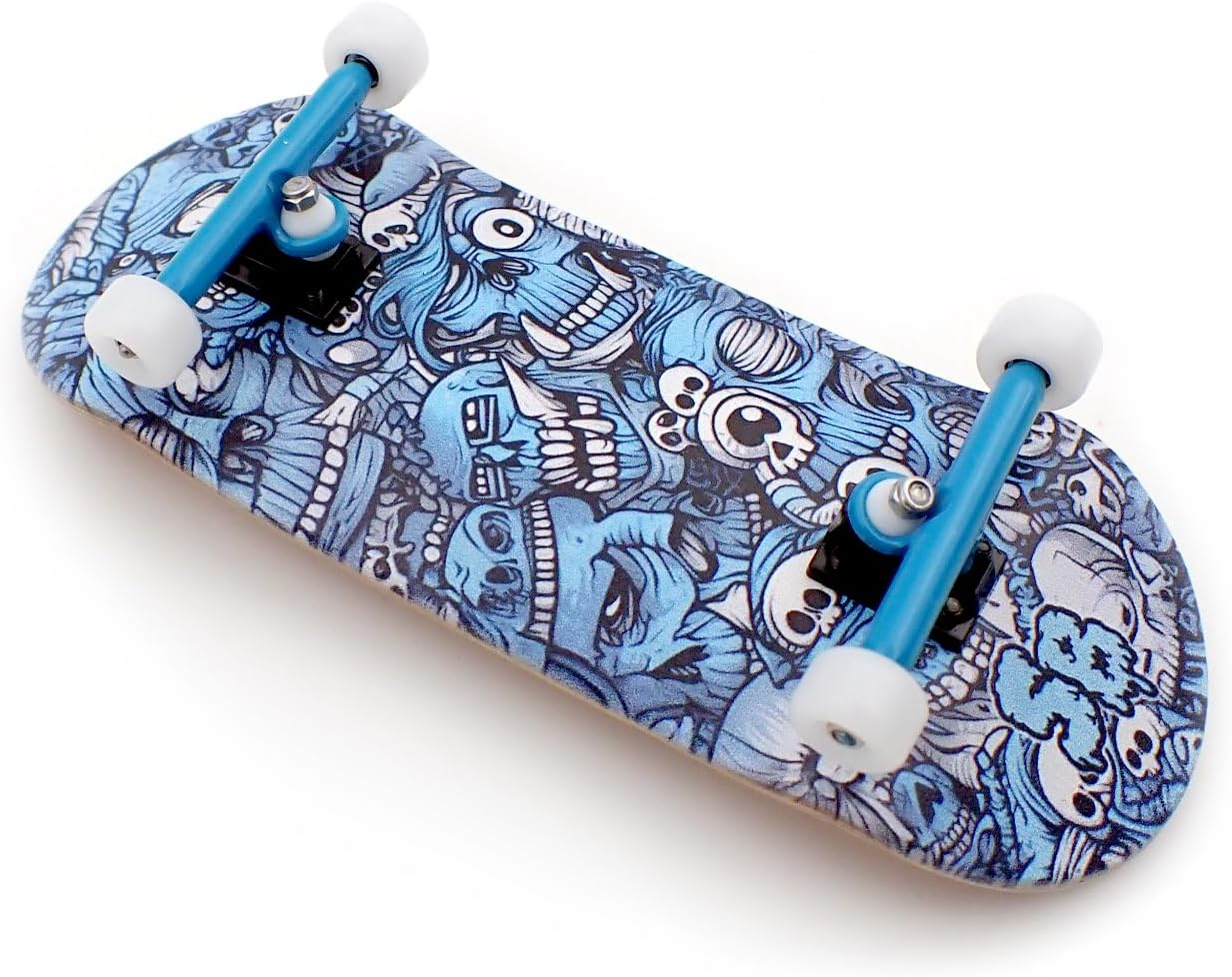 SPITBOARDS 36 X 96 Mm Wood Fingerboard Complete Set-Up, Pre Assembled, 5-Layers Wood, Pro Trucks with Lock Nuts, CNC Bearing Wheels, Real Wear Graphics, Lasered Foam Grip Tape, Blue Mummy Skulls