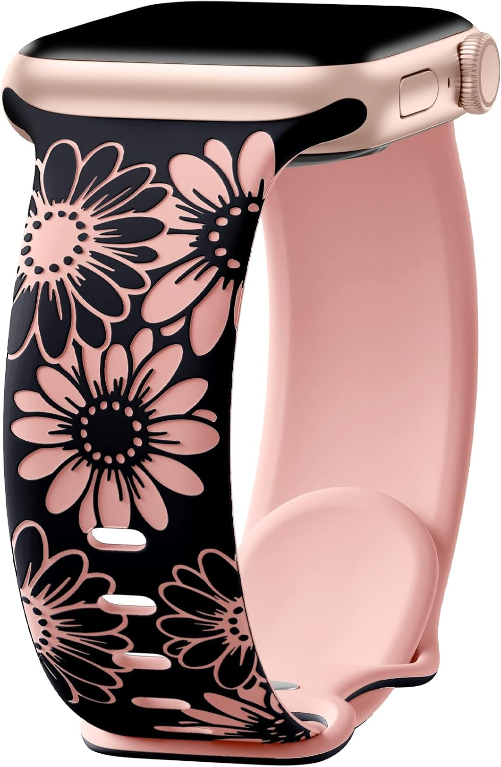 Floral Engraved Strap Compatible with Apple Watch Band 38Mm 40Mm 41Mm 42Mm 44Mm 45Mm 46Mm 49Mm Women Men, Cute Two-Tone Flower Silicone Bands for Iwatch Series 11 10 9 8 7 6 5 4 3 2 1 Ultra SE 3/2/1