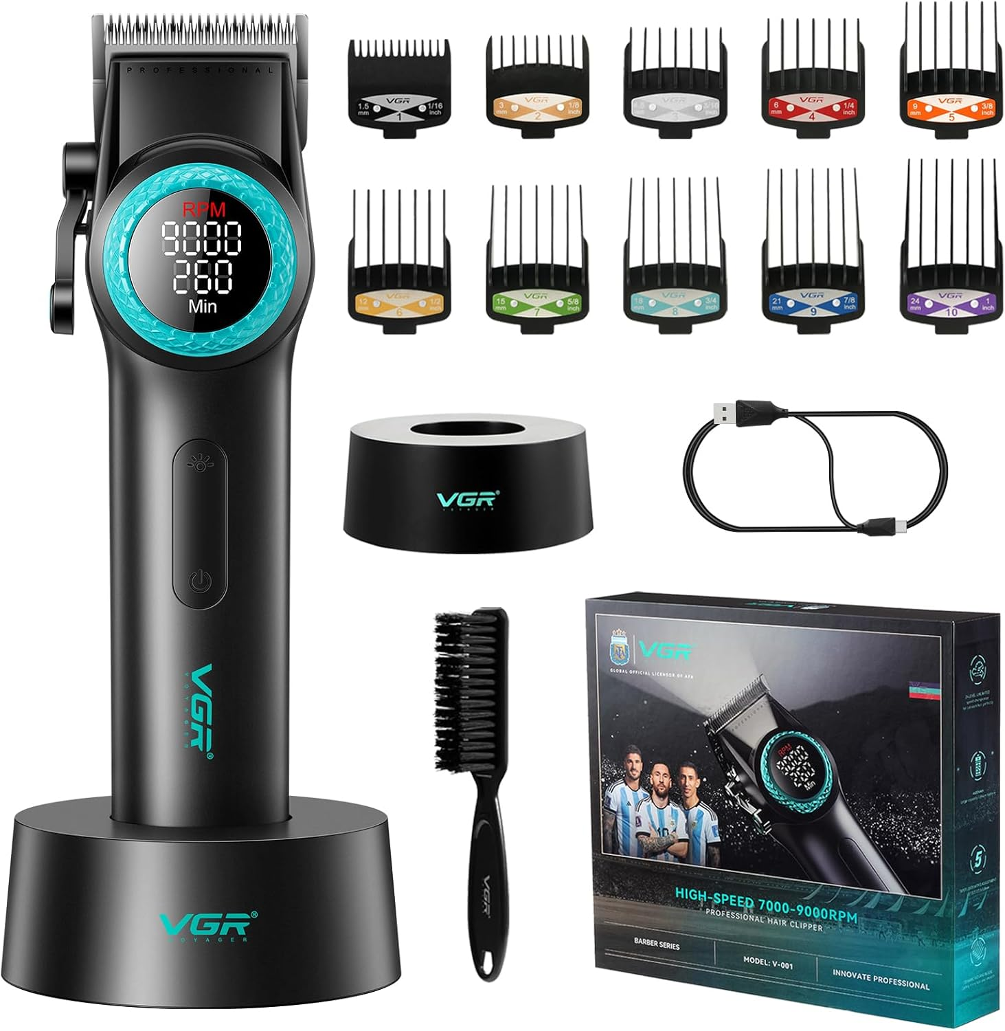 VGR 001 Professional Hair Clippers for Men, Cordless Barber Clippers for Hair Cutting, Carbon Steel Blade Hair Trimmers for Barbers, 9000RPM, LED Display, Black image number 1