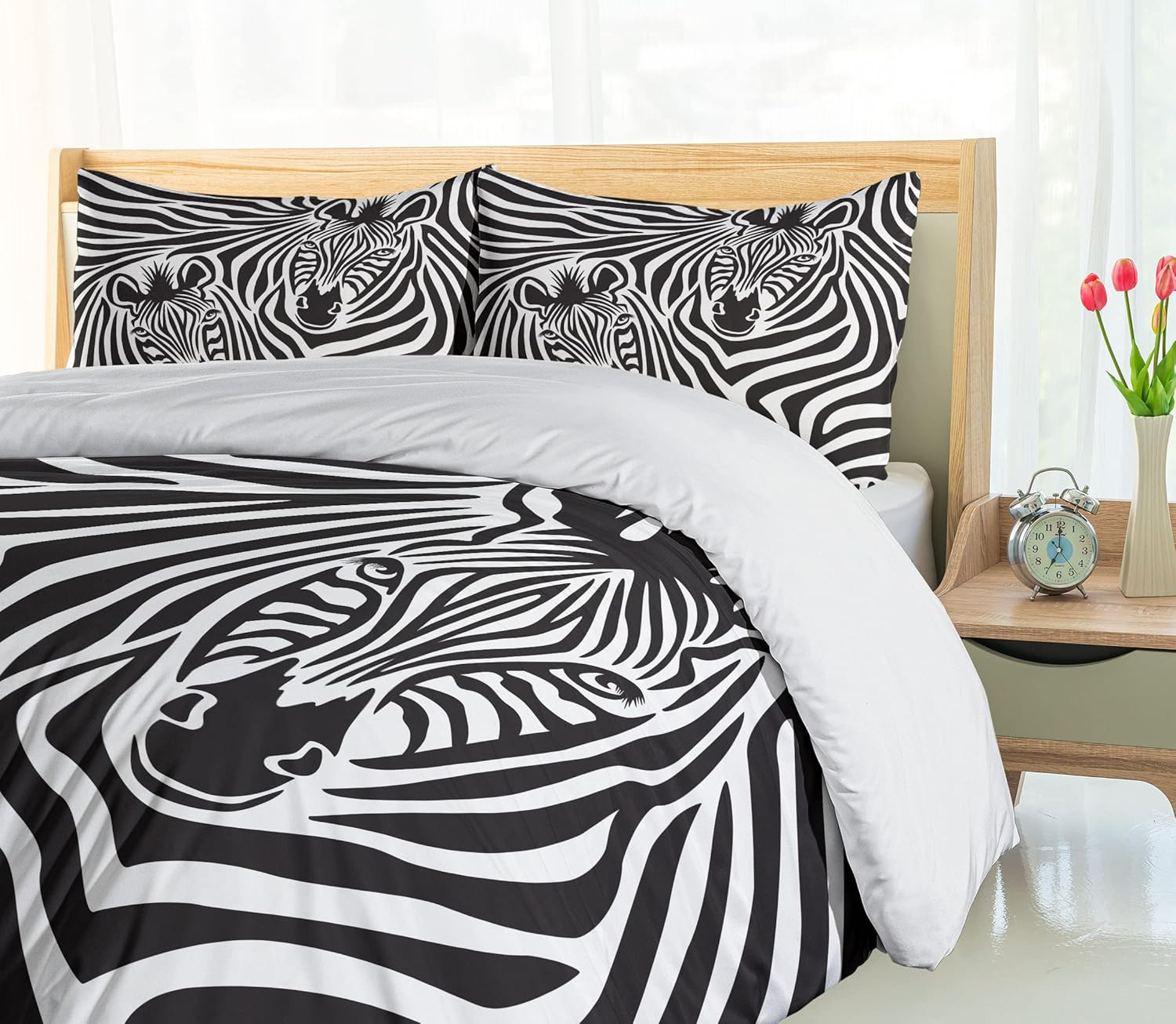 Ambesonne Safari Duvet Cover Set, Couple of Zebras Eyes Face Heads Image Pattern Wild Animals Design, Decorative 3 Piece Bedding Set with 2 Pillow Shams, Queen Size, Charcoal Grey image number 5