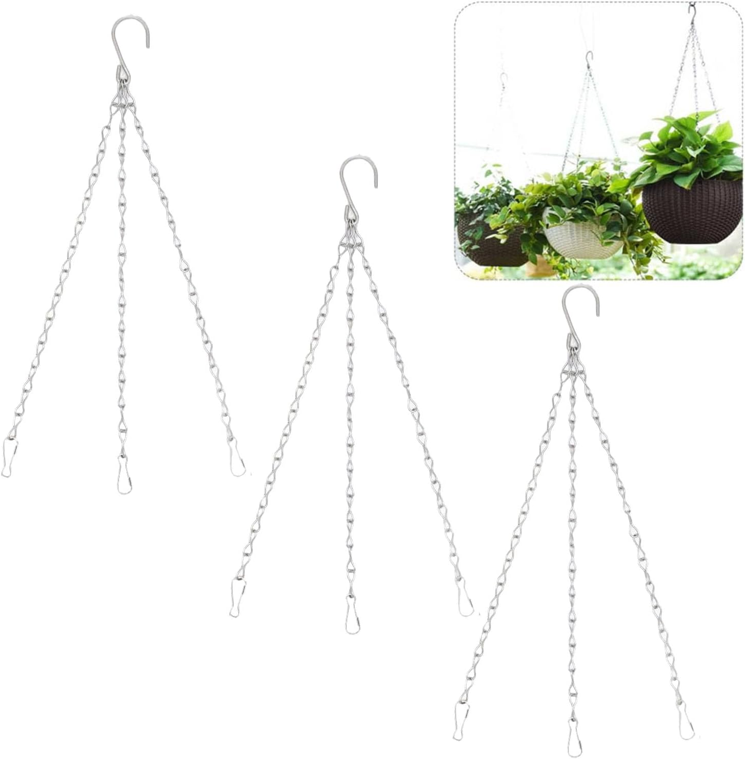 3 Pieces 304 Stainless Steel Flower Pot Chain Hook, No Rust Outdoor Hanging Basket Hook, for Bird Cages, Flower POTS, Lanterns, Billboards, Gardens (Silver)