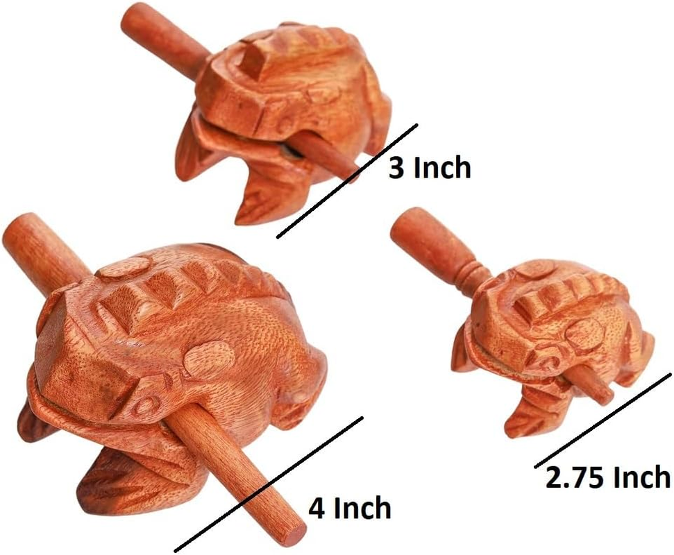 Brown Thai Percussion Instruments Wooden Frog 3 Pcs Set of 4 Inch Frog, 3 Inch Frog, 2.25 Inch Frog, Wooden Frog Musical Instrument Home Decor (Brown Color) - Brown Color image number 4