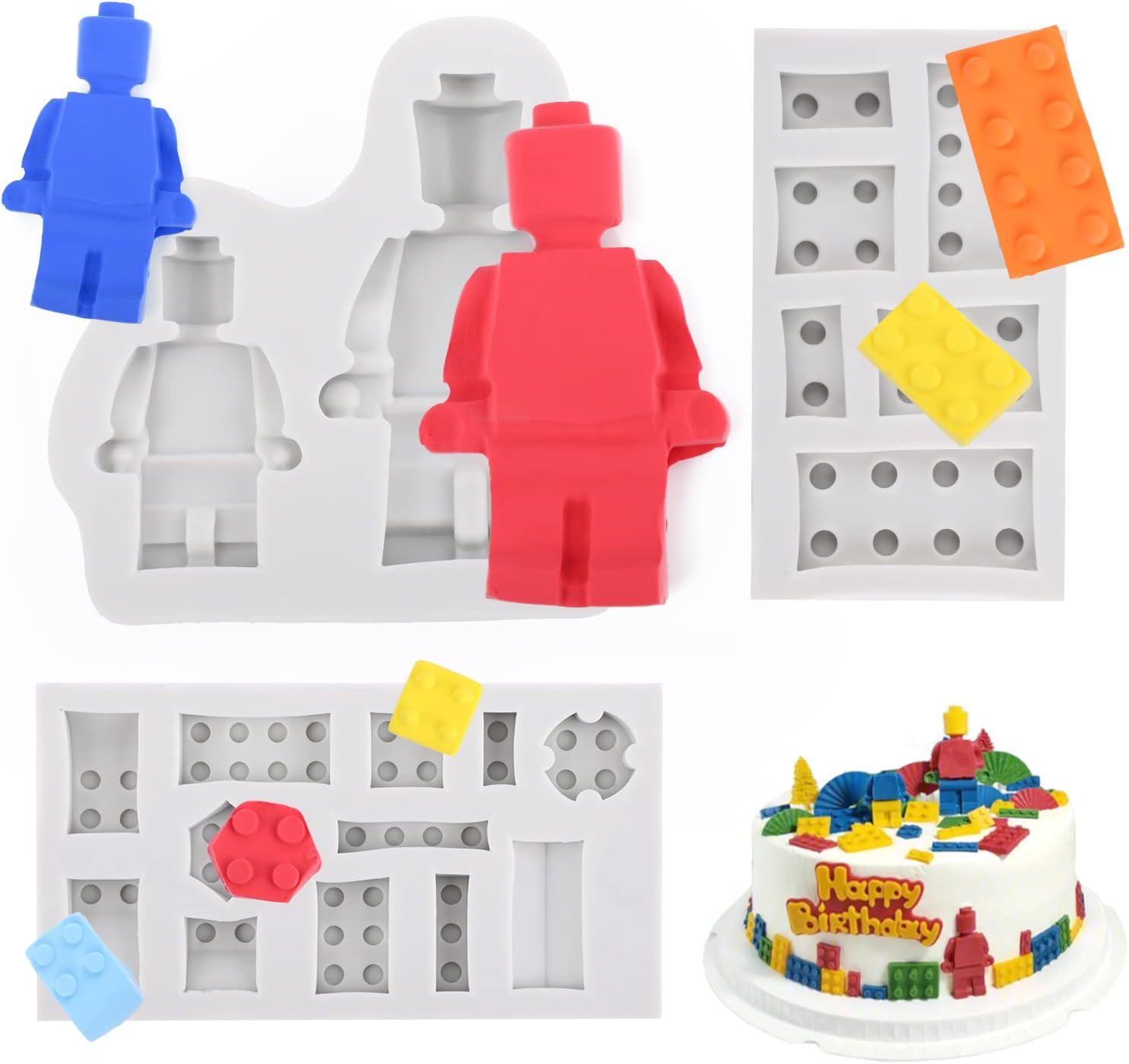Tangker Set of 3 Building Bricks Robots Fondant Silicone Mold for Cake Border Decorating Cupcake Topper DIY Candy Chocolate Crafts Clay Tool image number 1